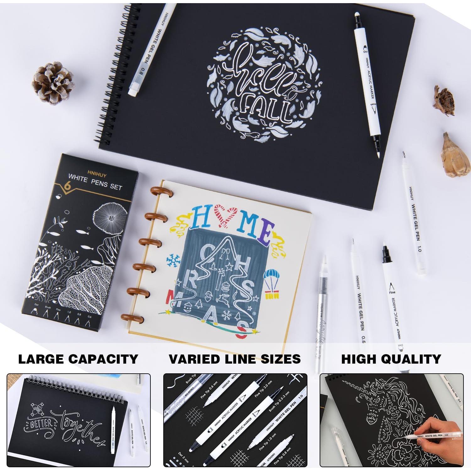 Bolígrafos de Tinta Blanca HNIHUY - Paquete de 6, Punta Fina y Pincel