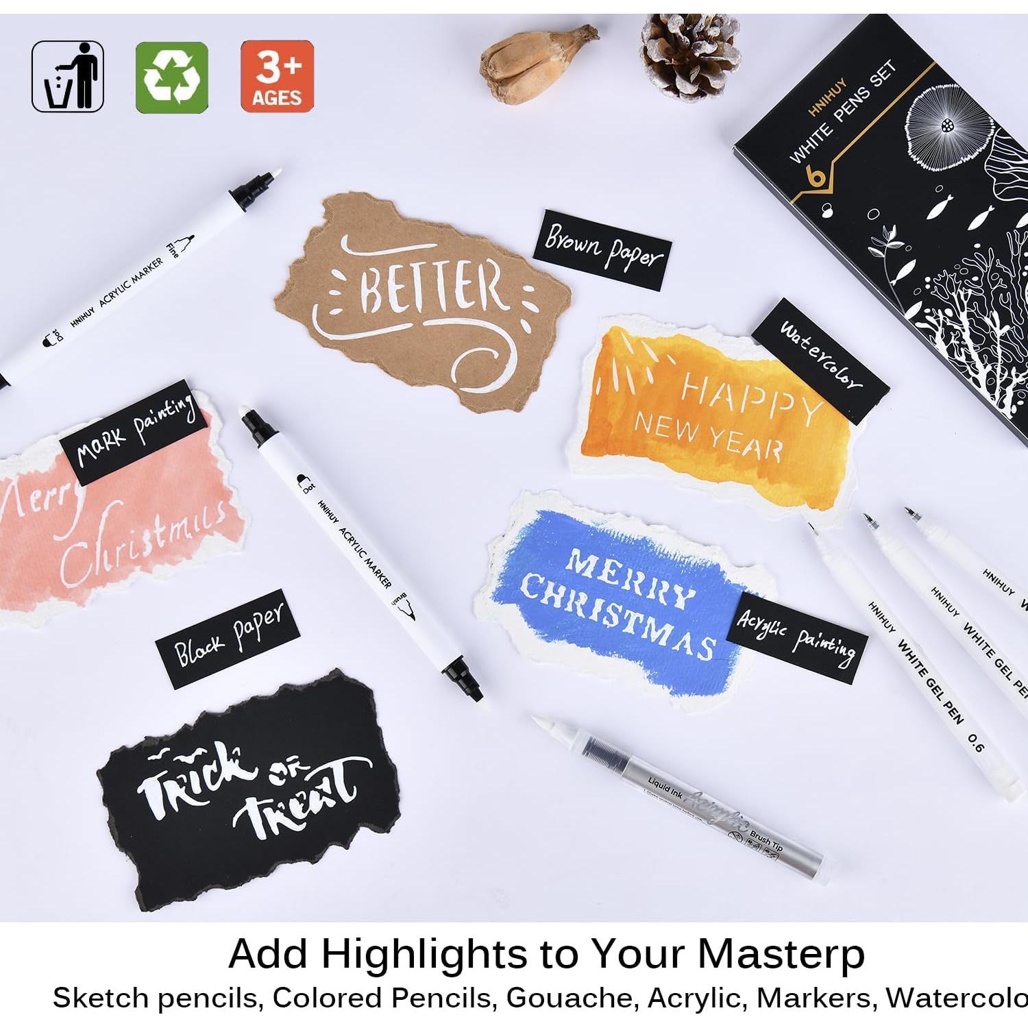 Bolígrafos de Tinta Blanca HNIHUY - Paquete de 6, Punta Fina y Pincel