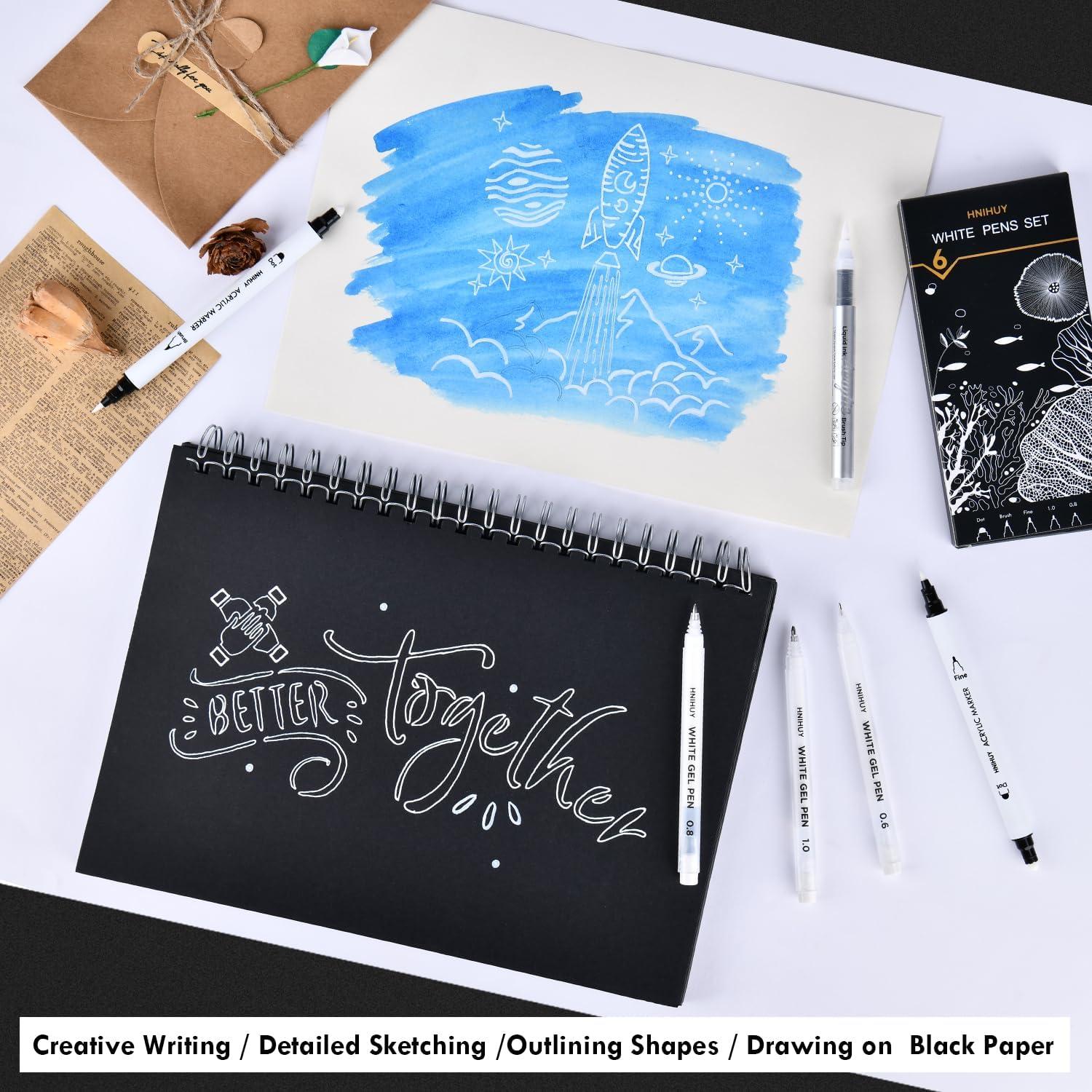 Bolígrafos de Tinta Blanca HNIHUY - Paquete de 6, Punta Fina y Pincel