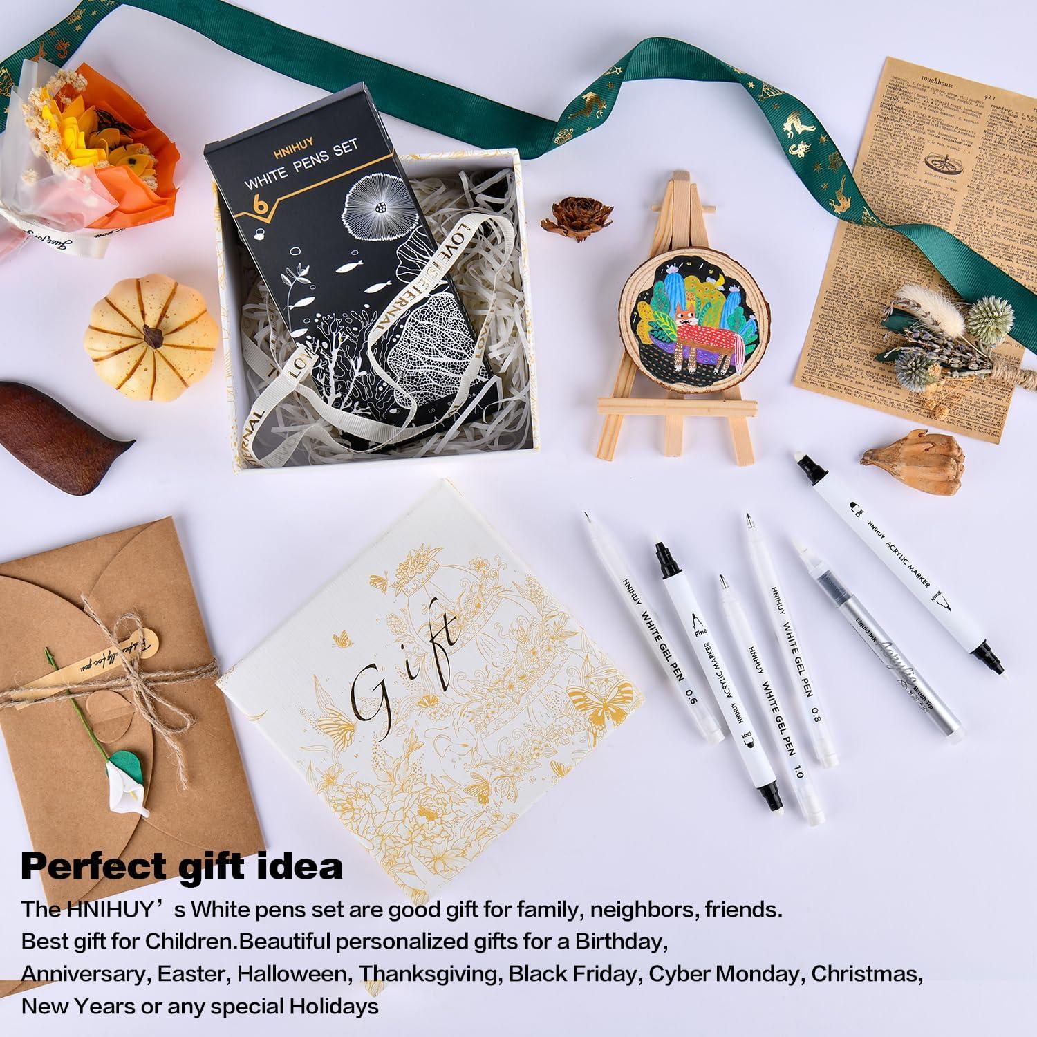 Bolígrafos de Tinta Blanca HNIHUY - Paquete de 6, Punta Fina y Pincel