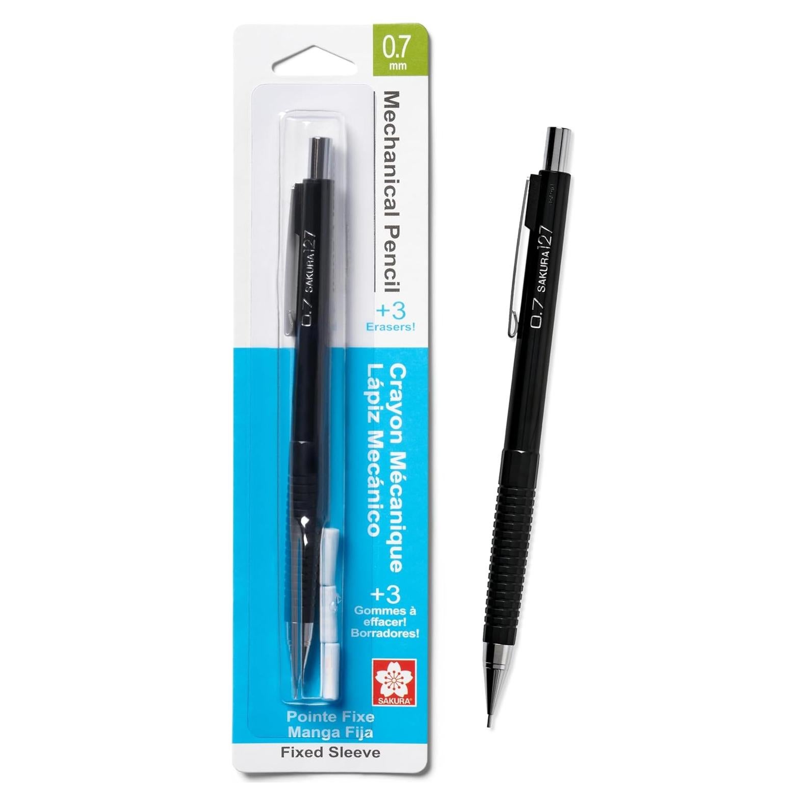 Lápiz Mecánico Sakura 0.7mm con 3 Recargas de Borrador - Negro