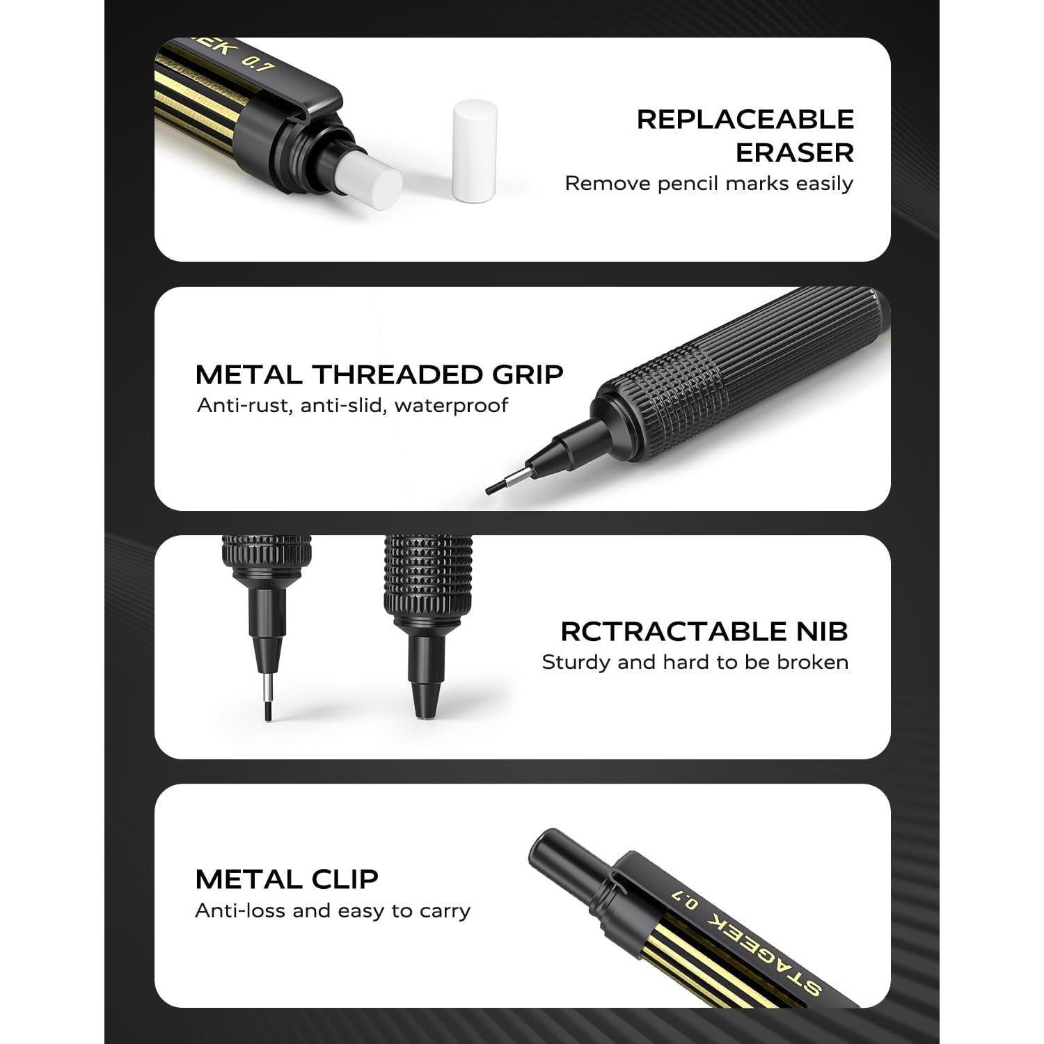 Lápiz Mecánico STAGEEK 0.7mm con Estuche de Metal y Recargas