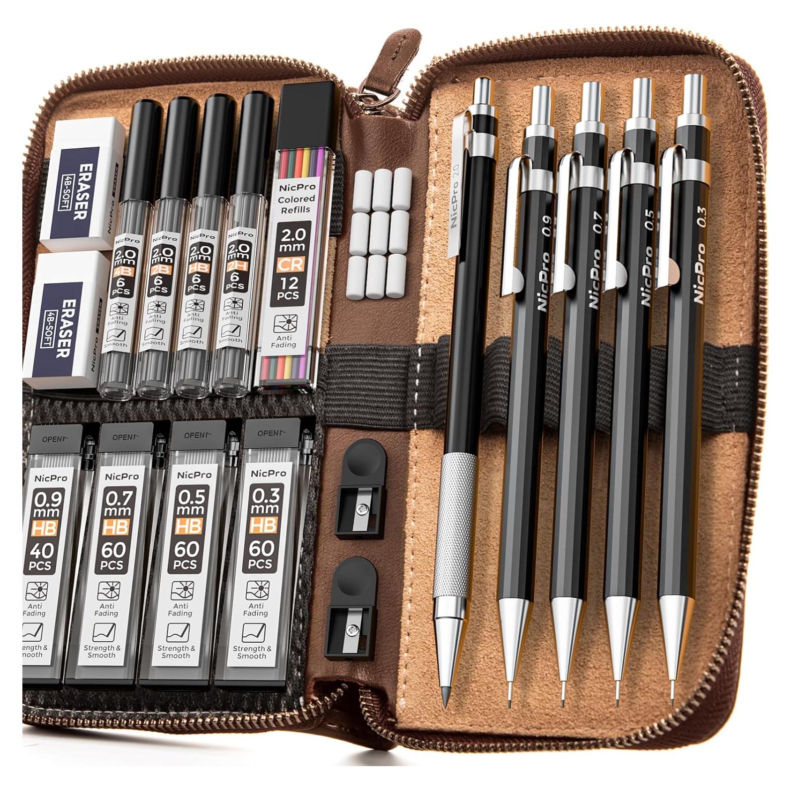 Juego de Lápices Mecánicos Nicpro 20PCS Metal Negro 0.3-2mm