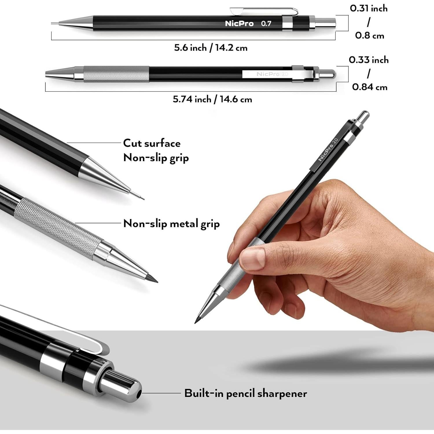 Juego de Lápices Mecánicos Nicpro 20PCS Metal Negro 0.3-2mm