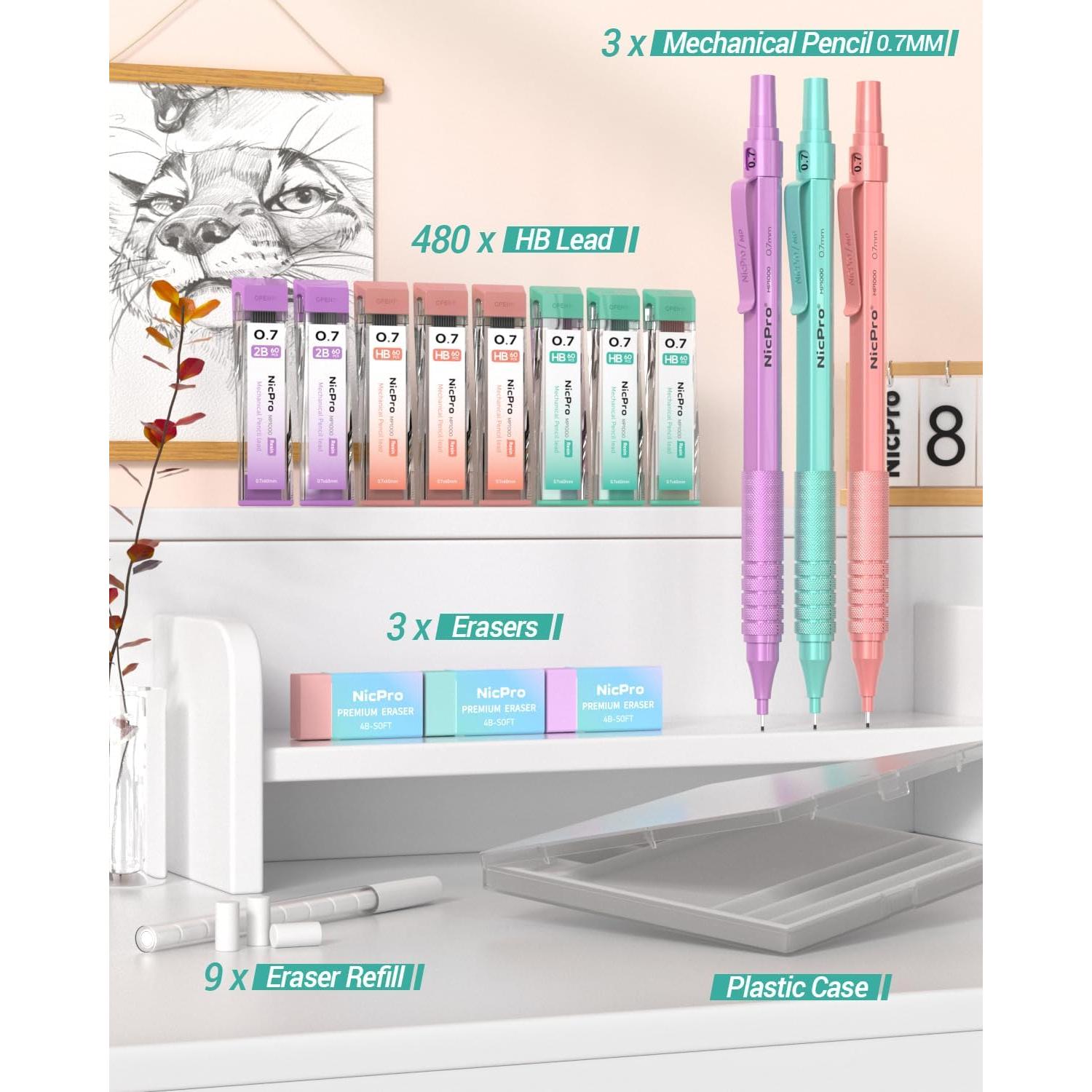 Juego de Lápices Mecánicos Nicpro 0.7mm con 480 Recargas