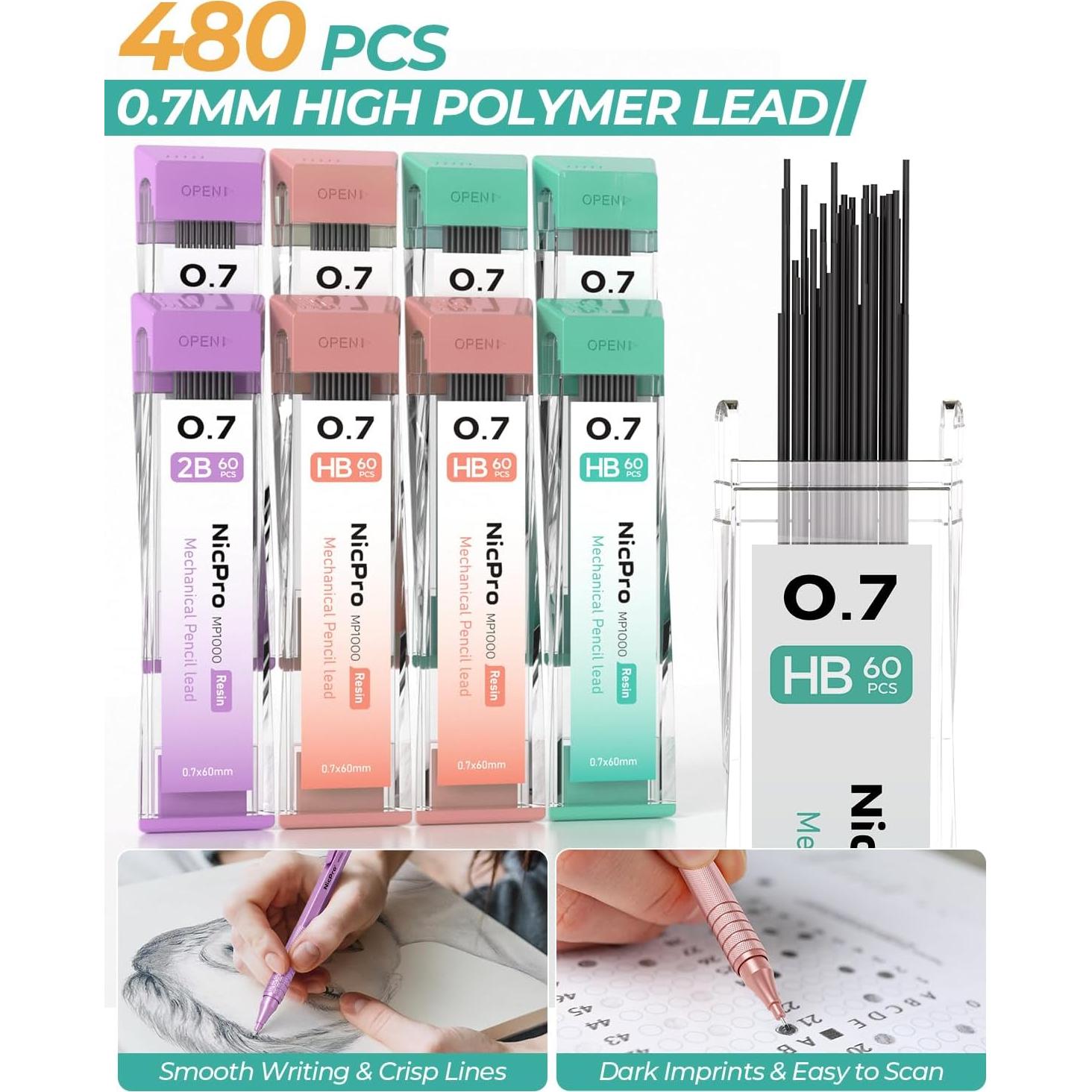 Juego de Lápices Mecánicos Nicpro 0.7mm con 480 Recargas