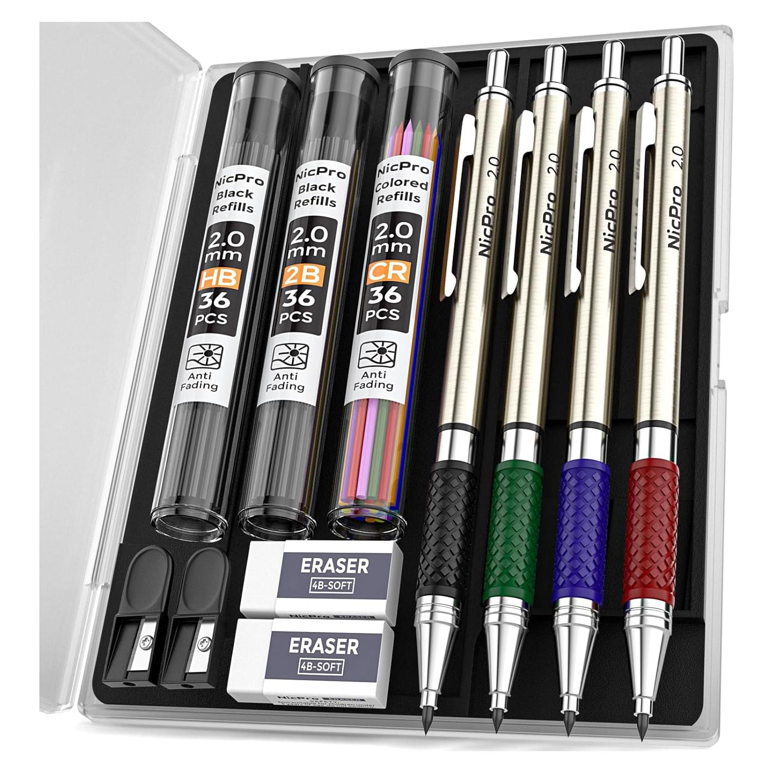 Conjunto de Lápices Mecánicos Nicpro 4 PCS 2mm con 108 Recargas