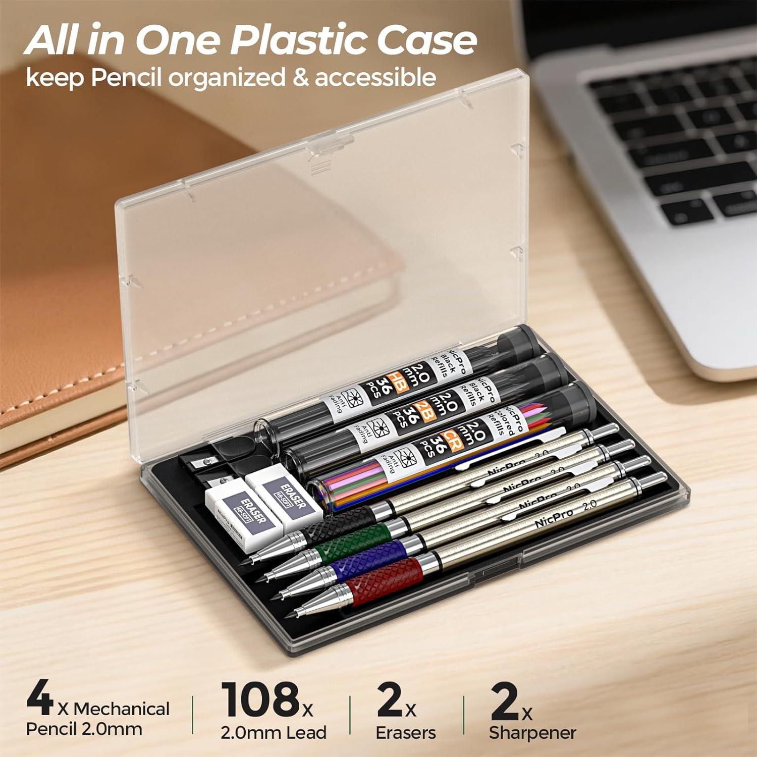 Conjunto de Lápices Mecánicos Nicpro 4 PCS 2mm con 108 Recargas