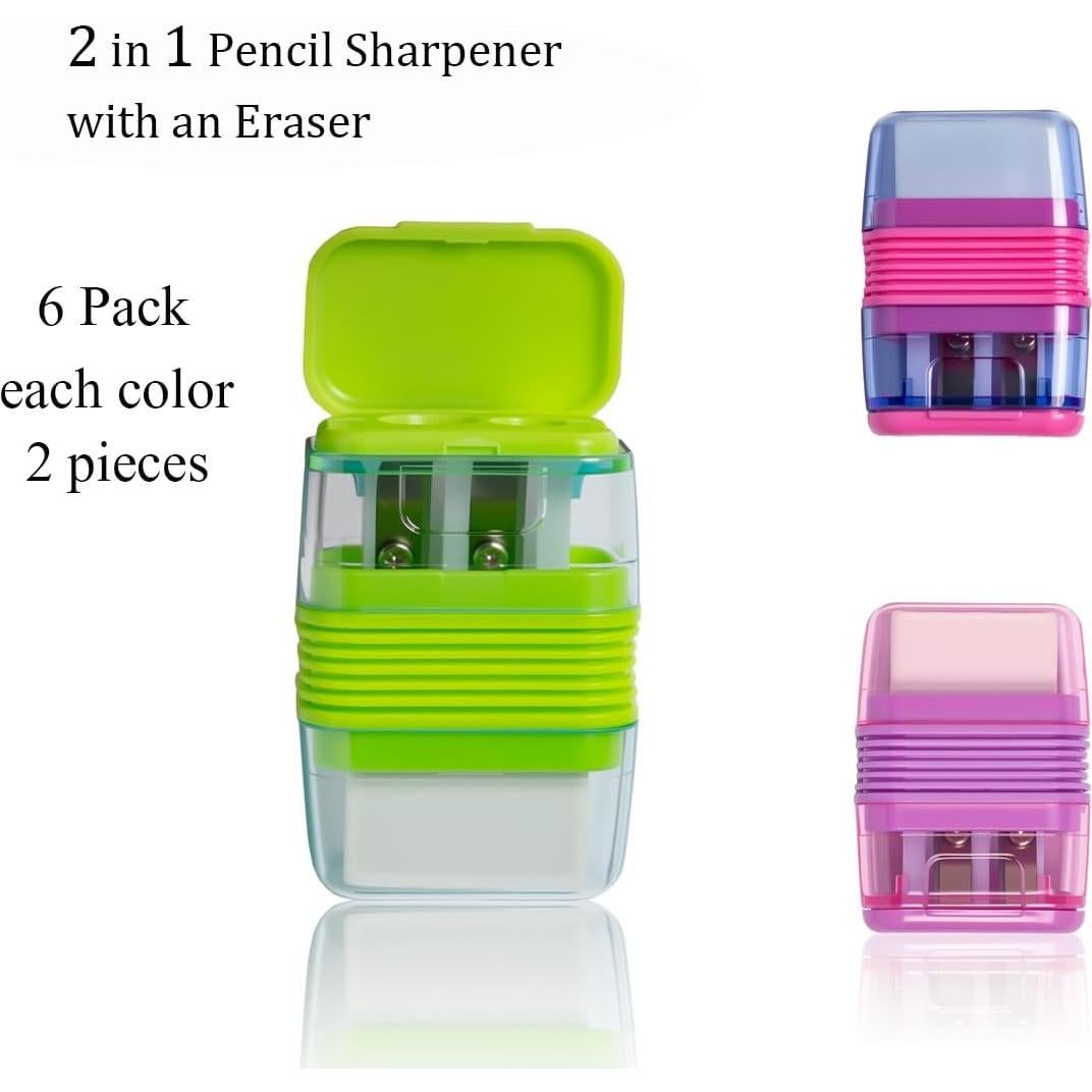 Juego de 6 Sacapuntas Doble Orificio Ouksma con Borradores