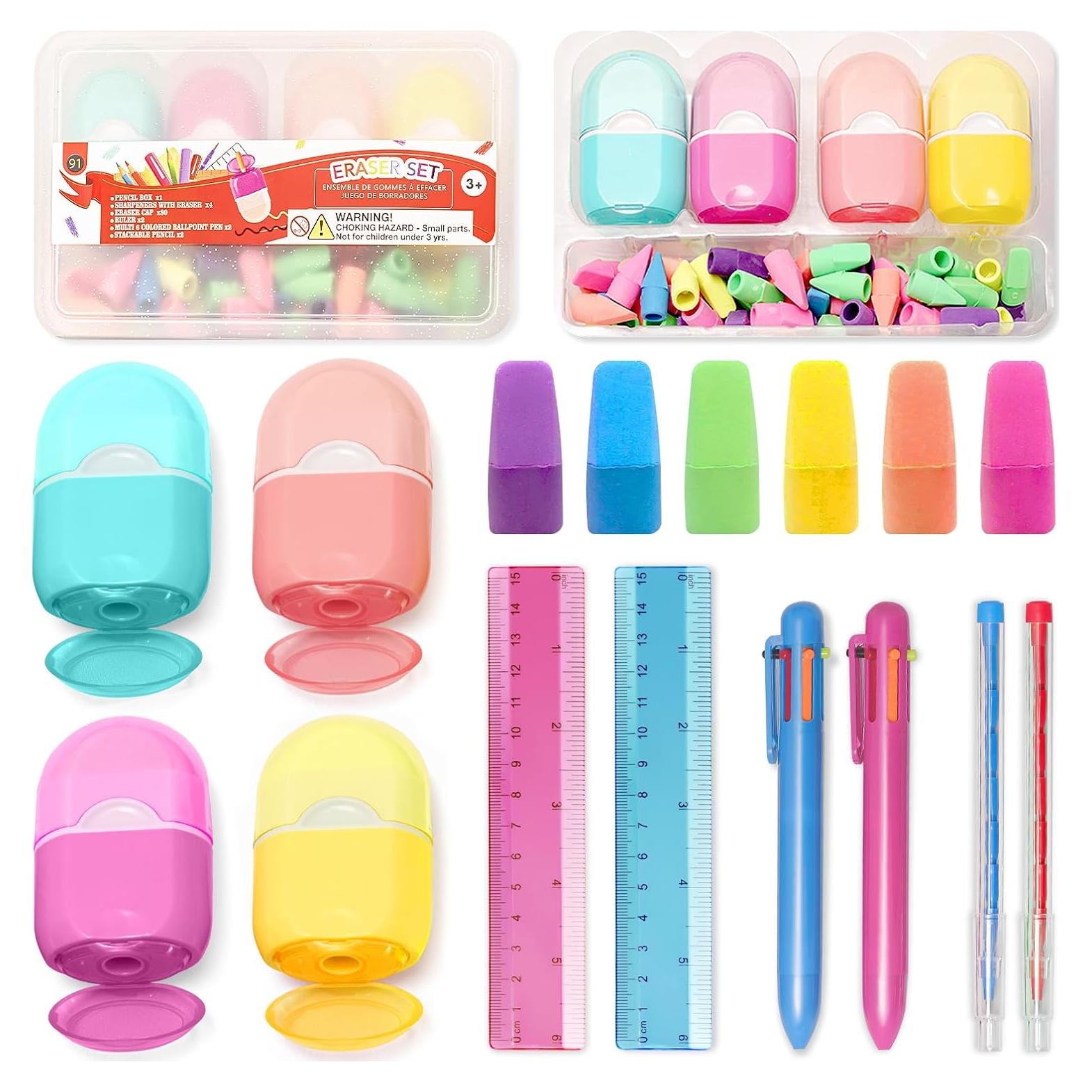 Juego de útiles escolares Clock King con estuche y 80 borradores