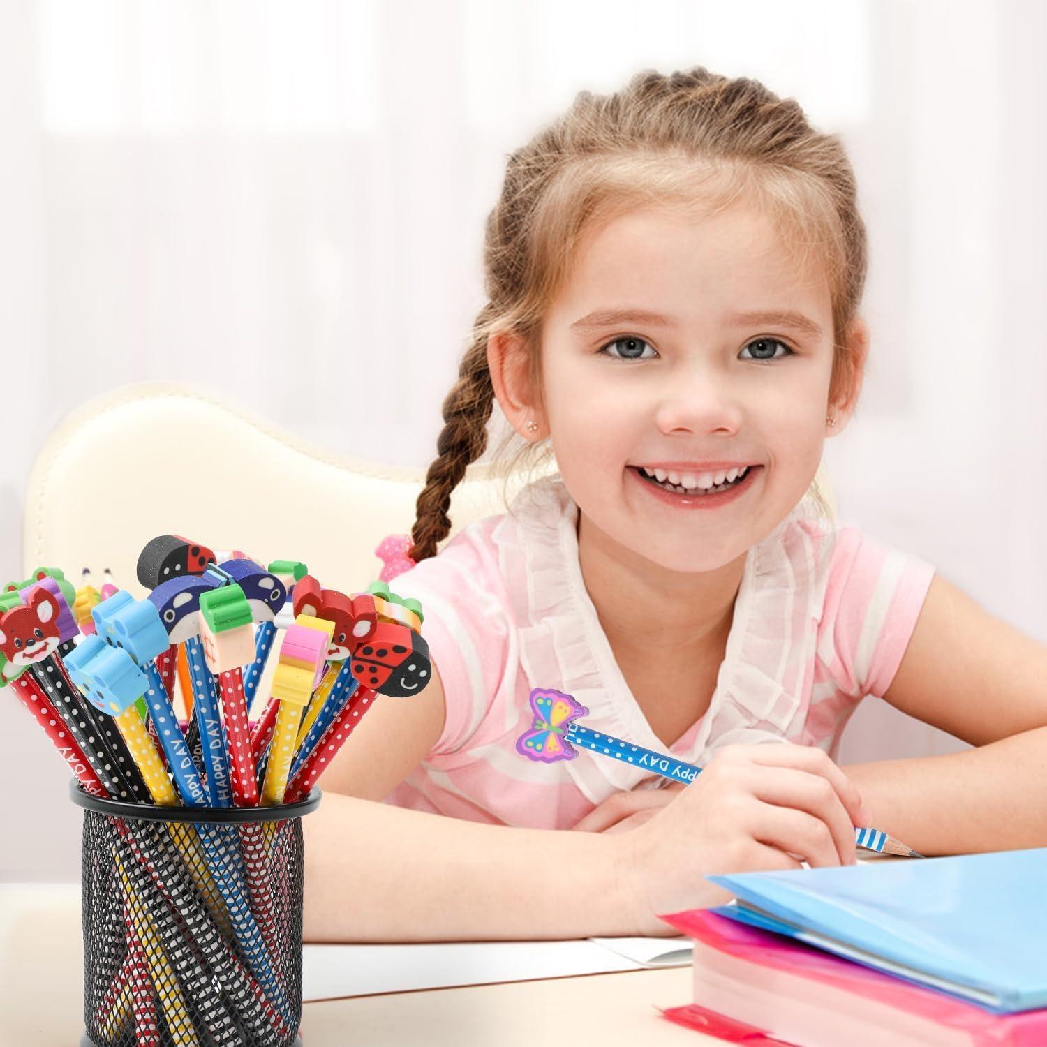 Juego de 24 Lápices de Madera SULOLI con Borradores Divertidos