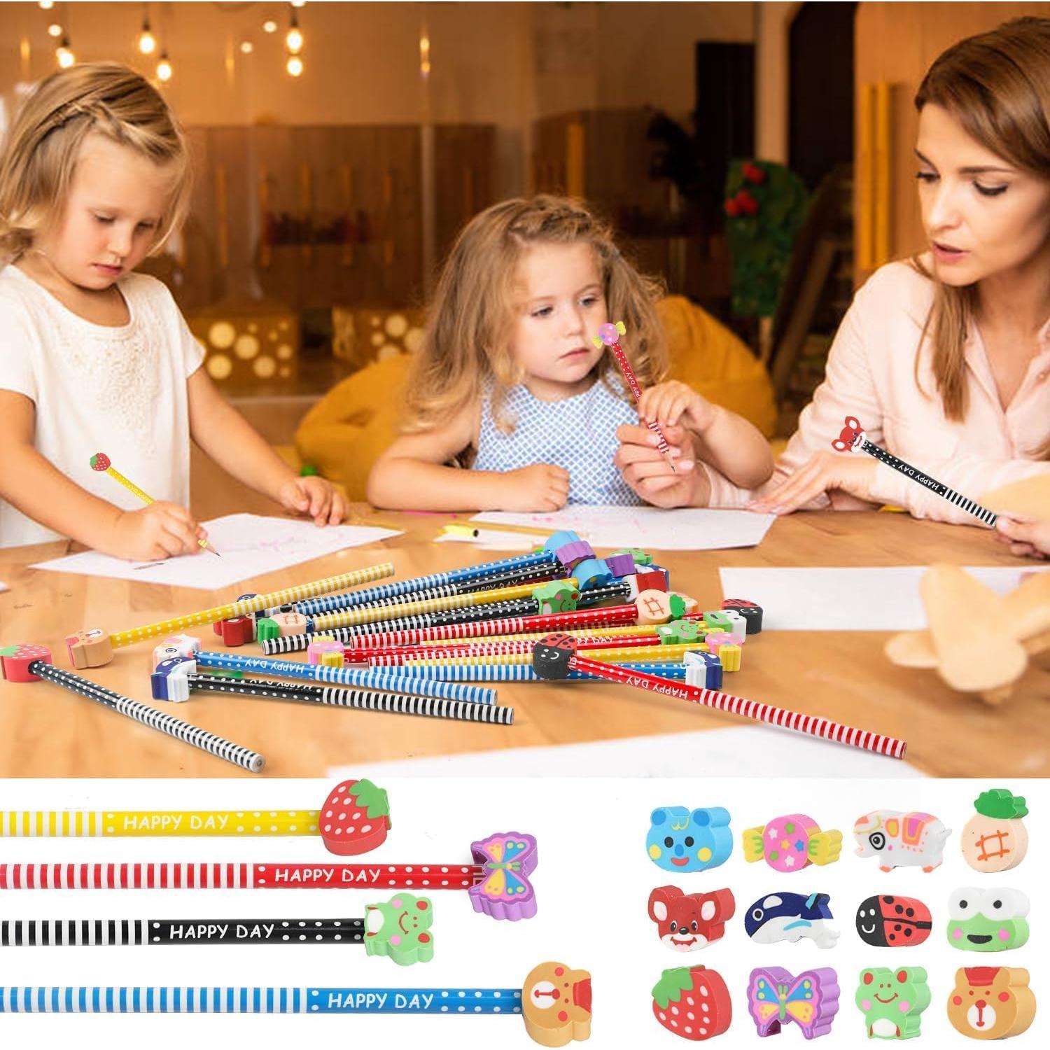 Juego de 24 Lápices de Madera SULOLI con Borradores Divertidos