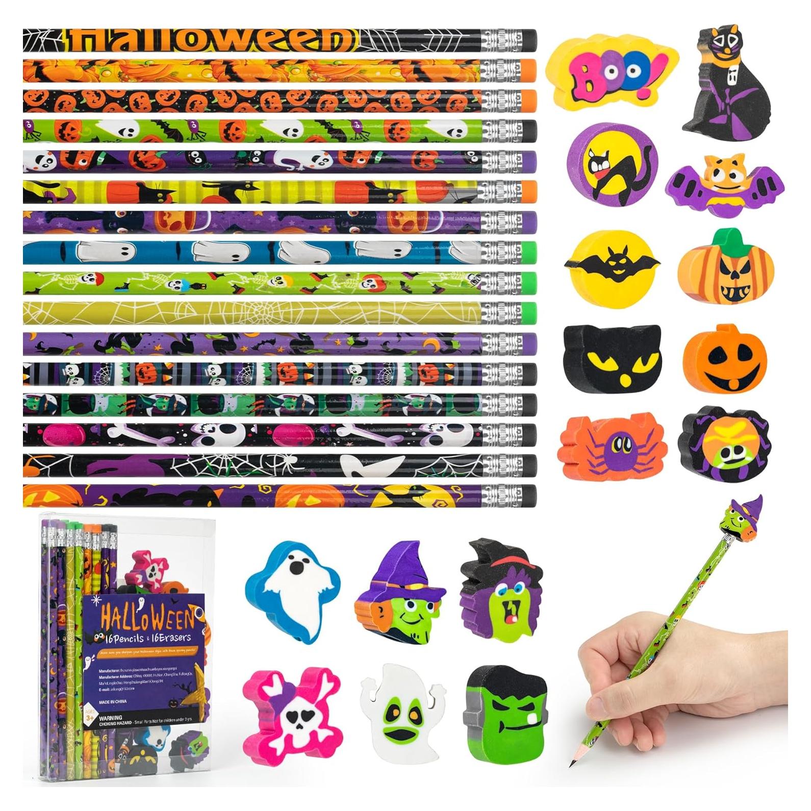 Set de 16 lápices y borradores temáticos Halloween Hunanou