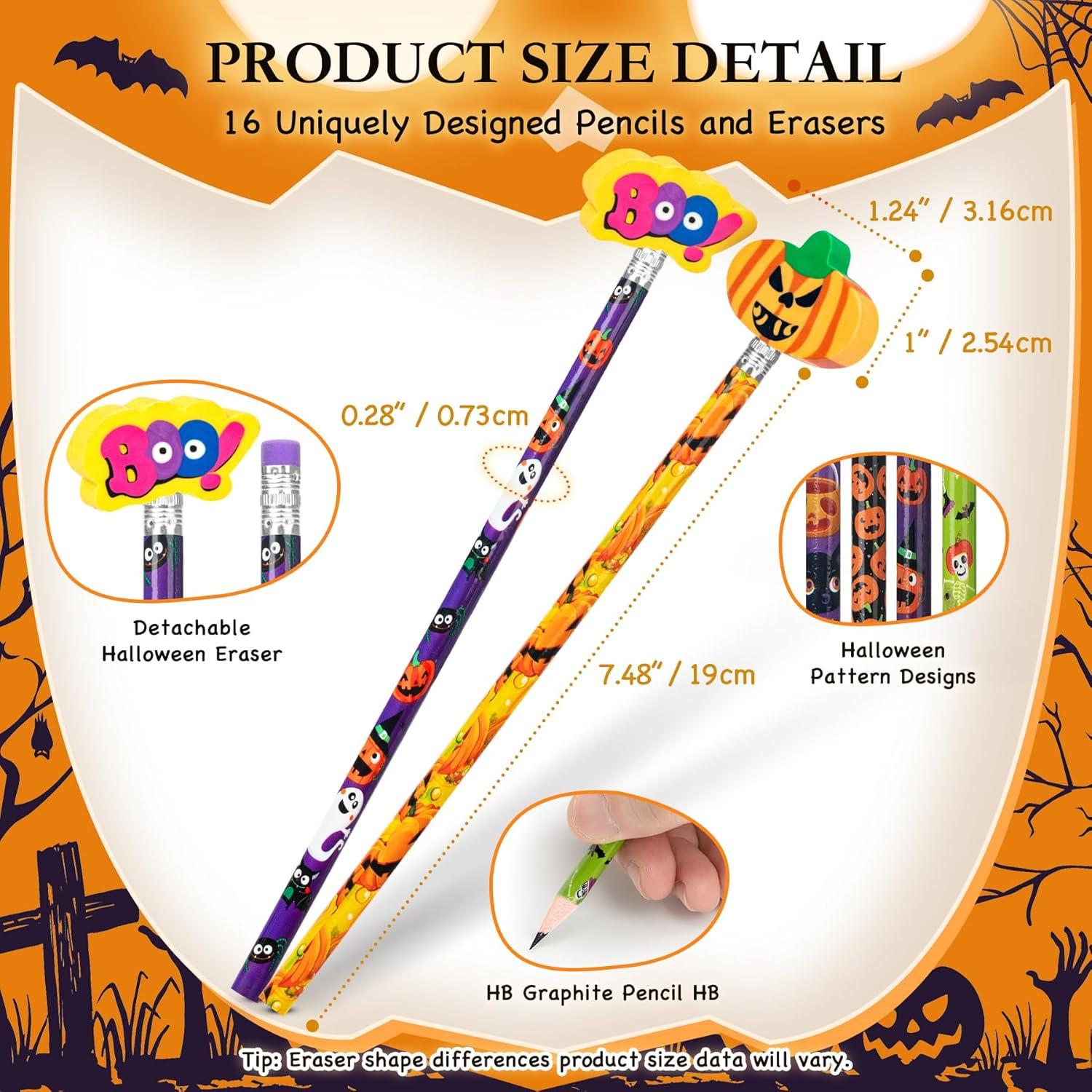Set de 16 lápices y borradores temáticos Halloween Hunanou