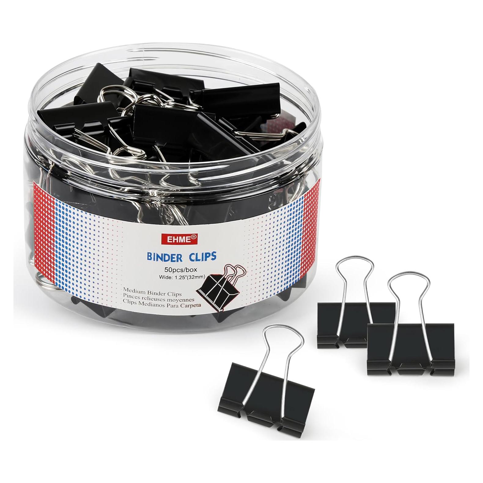 50 Clips de Carpeta Medianos EHME Negros 3.18 cm Metal