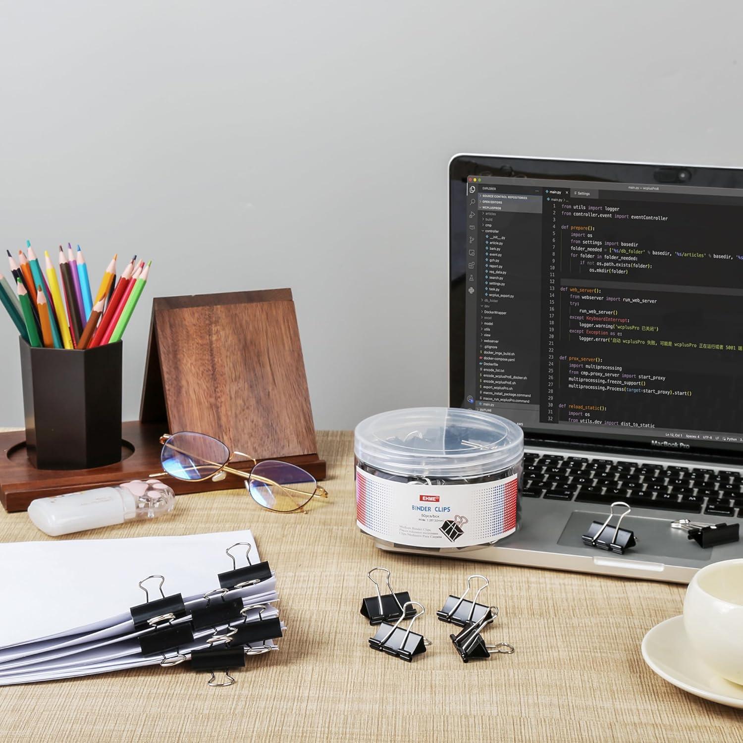 50 Clips de Carpeta Medianos EHME Negros 3.18 cm Metal