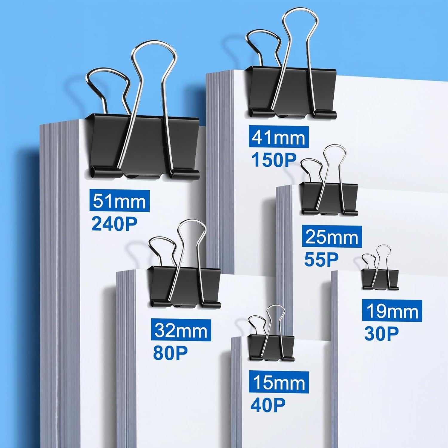 150 Clips de Carpeta Variados DJGINRO - 6 Tamaños, Negro