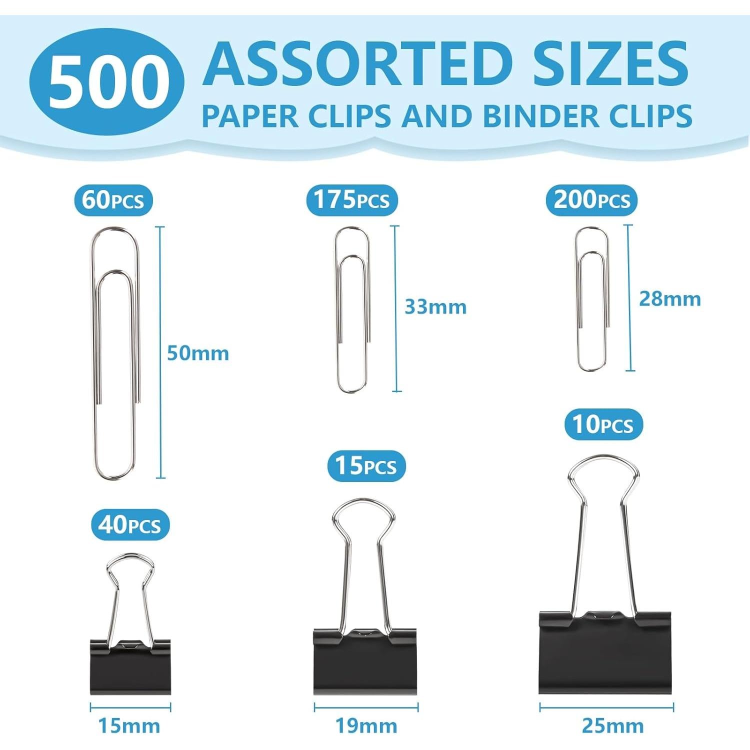 500 Clips de Papel y Carpeta Deoot, Tamaños Variados, Plateados y Negros