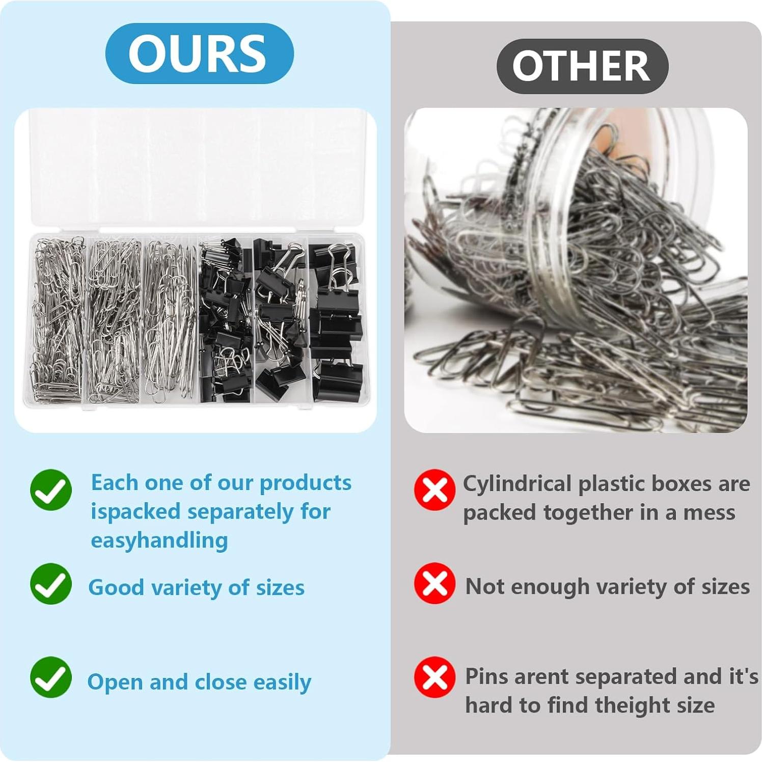 500 Clips de Papel y Carpeta Deoot, Tamaños Variados, Plateados y Negros