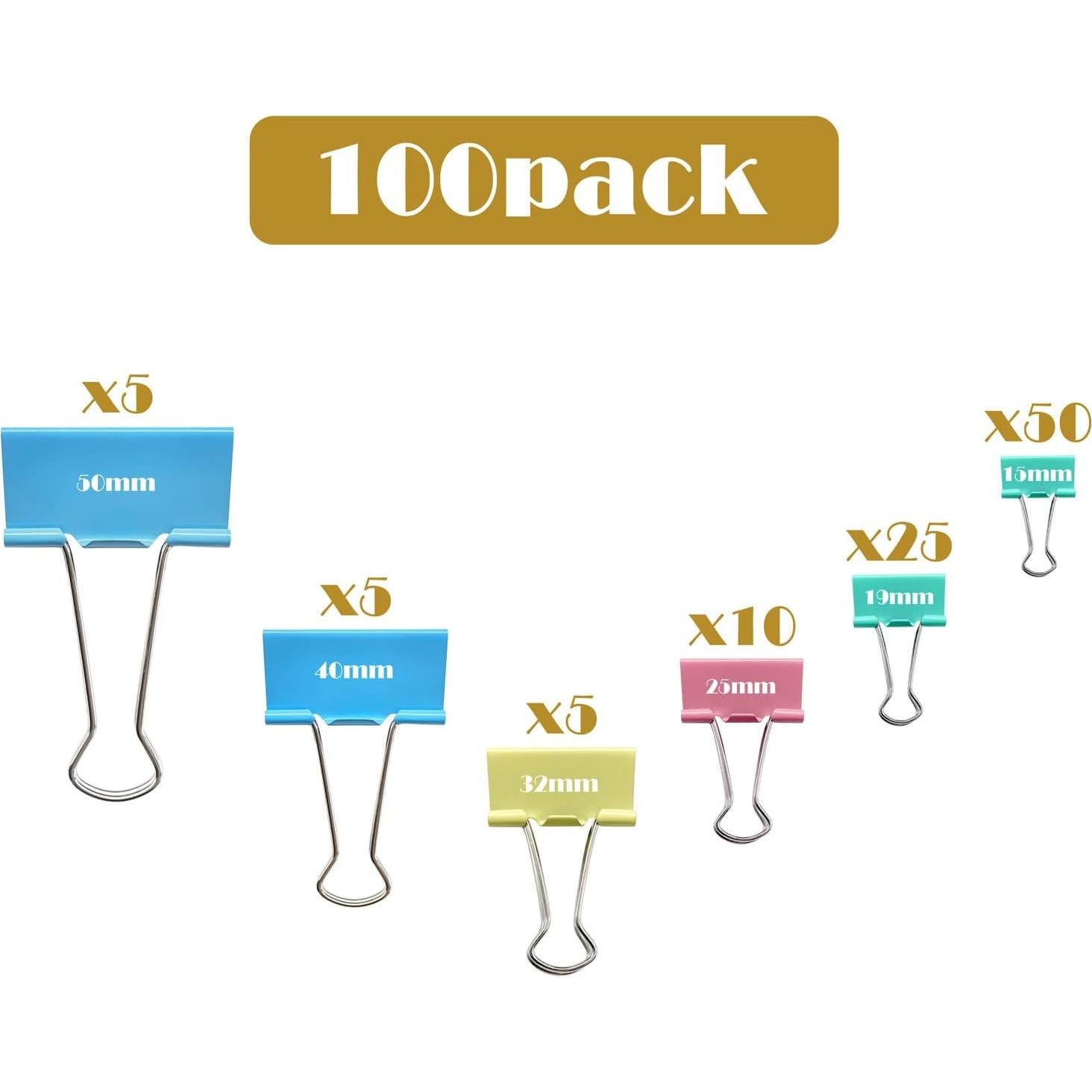 100 Clips de Carpeta de Colores Ykimok - 6 Tamaños Asortidos