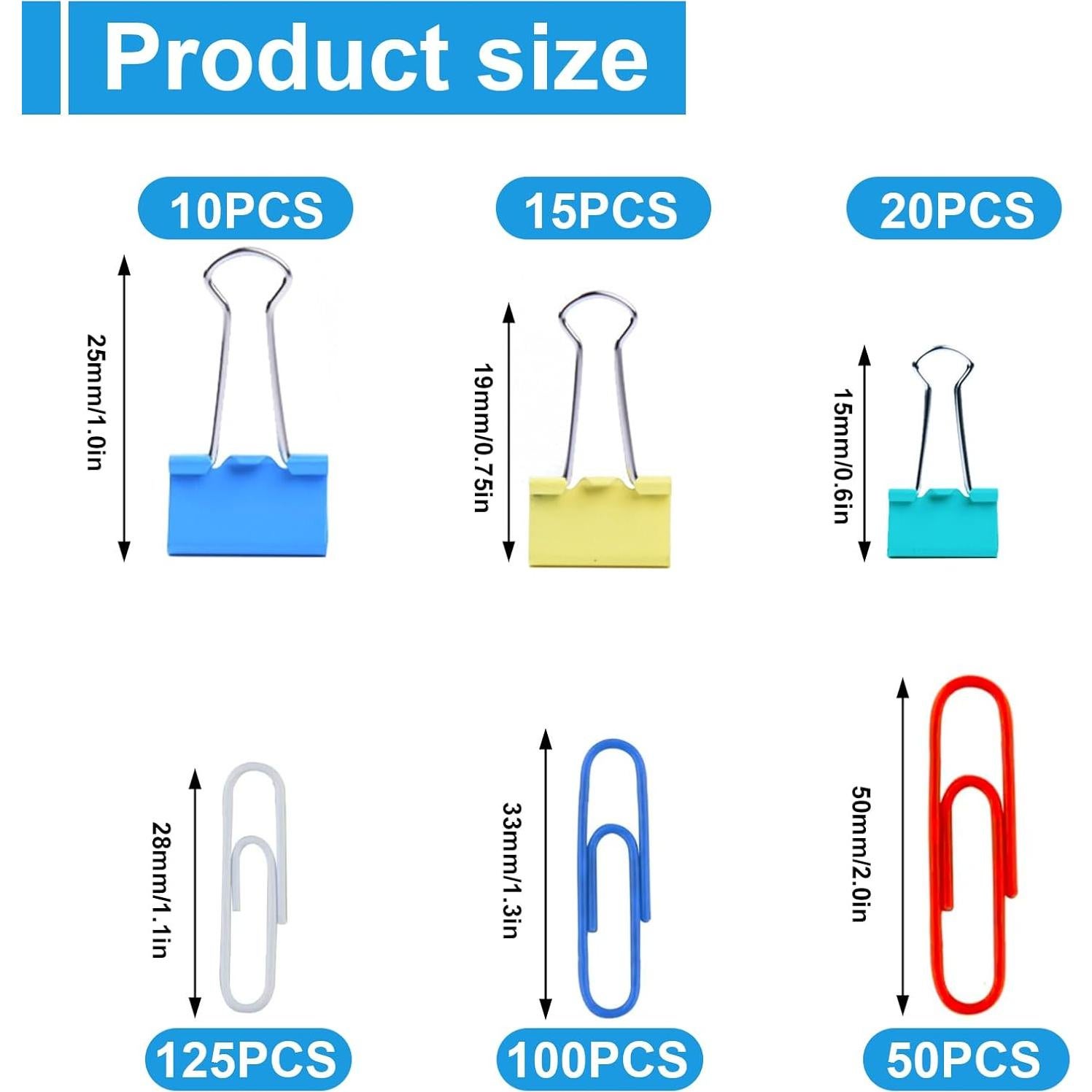 320 Clips de Papel y Carpeta Coloridos DENGXINWEI - Varios Tamaños