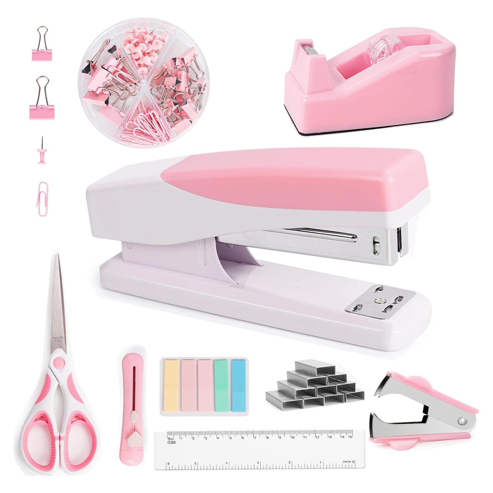 Conjunto de Suministros de Oficina Rosa Benjojo - Grapadora, Tijeras y Más