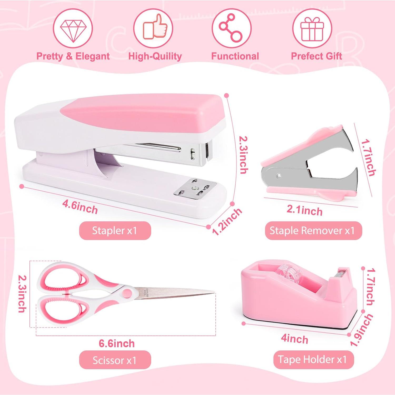 Conjunto de Suministros de Oficina Rosa Benjojo - Grapadora, Tijeras y Más