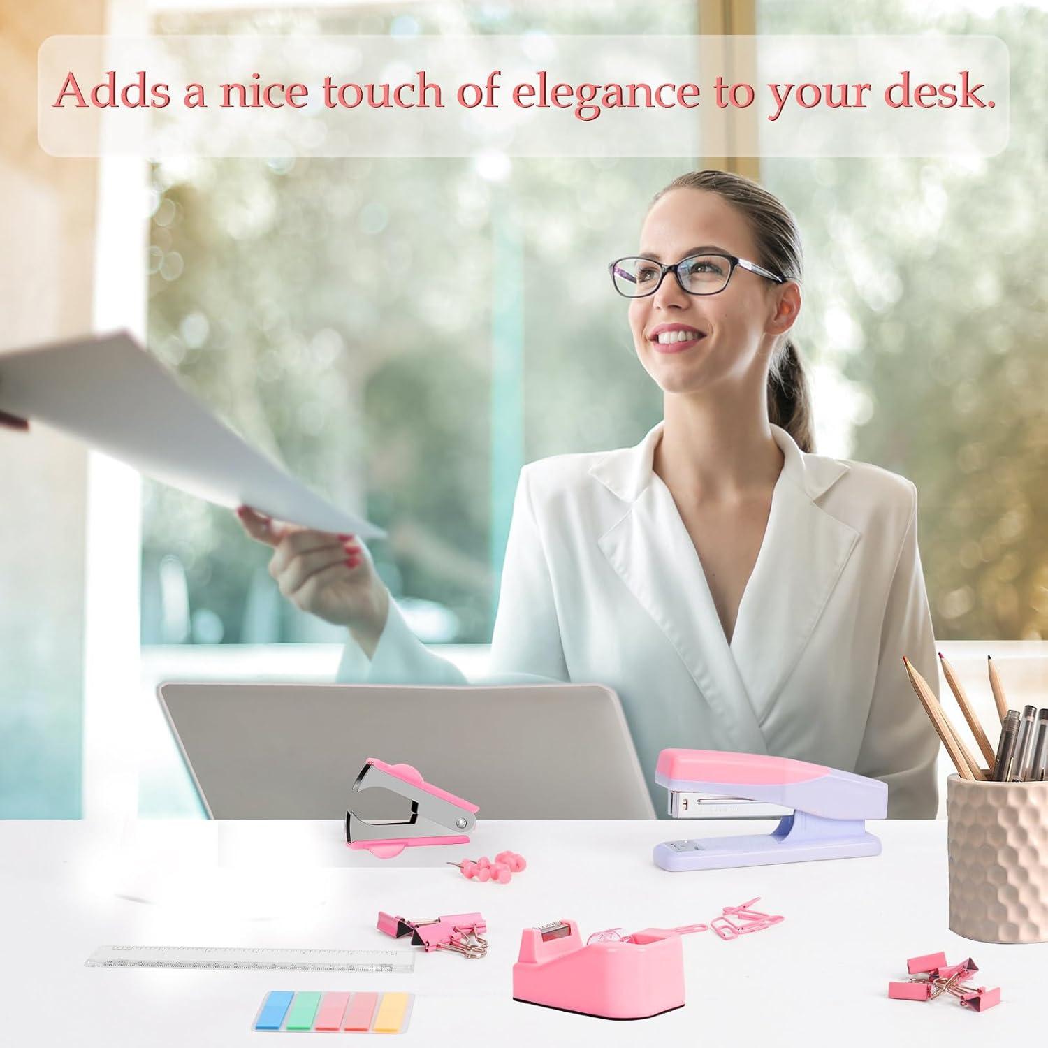 Conjunto de Suministros de Oficina Rosa Benjojo - Grapadora, Tijeras y Más