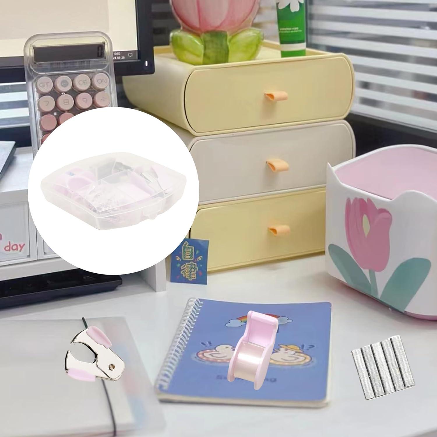 Kit de Suministros de Oficina Lilaly Rosa - Mini Grapadora y Más