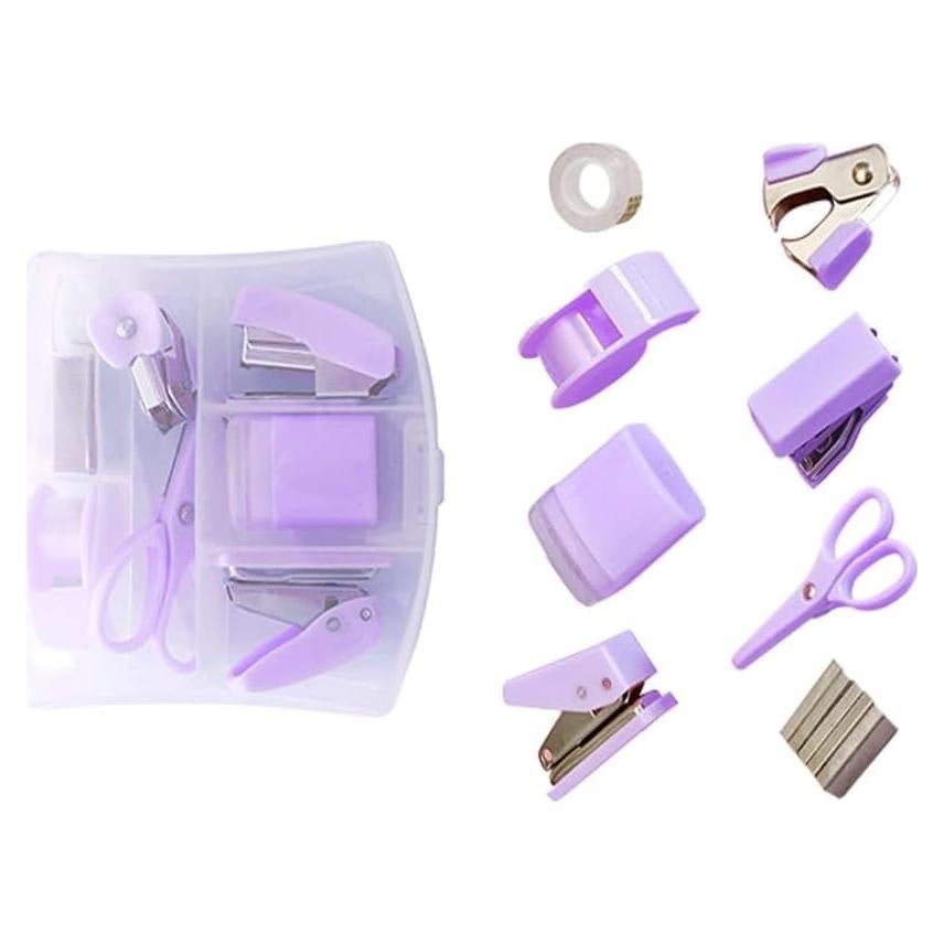 Kit de Suministros de Oficina Mini HCHMAO Púrpura - Tijeras, Grapadora, Cinta
