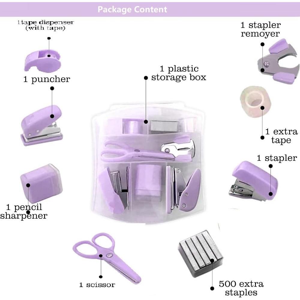 Kit de Suministros de Oficina Mini HCHMAO Púrpura - Tijeras, Grapadora, Cinta