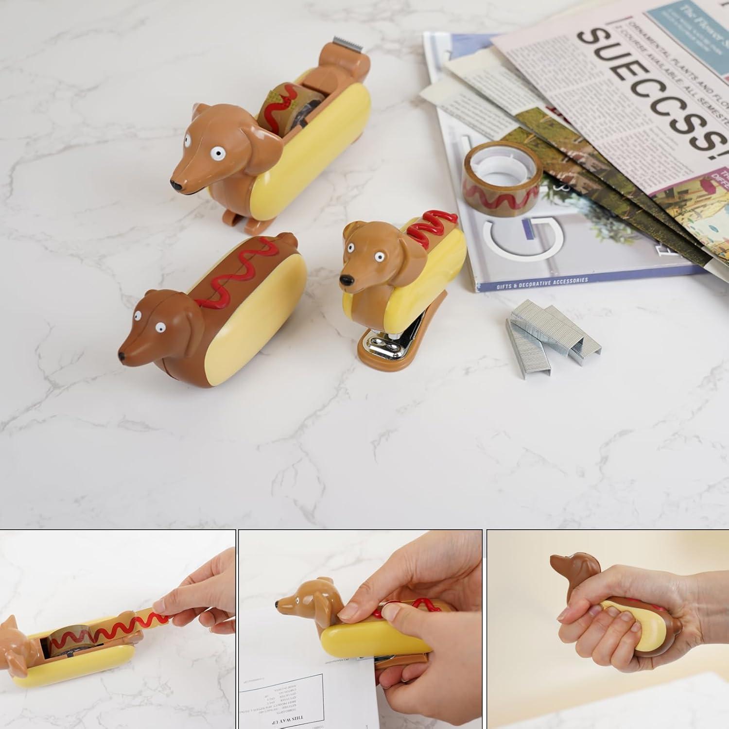 Conjunto de Escritorio YOBRO Hot Dog - Dispensador, Grapadora y Squeeze