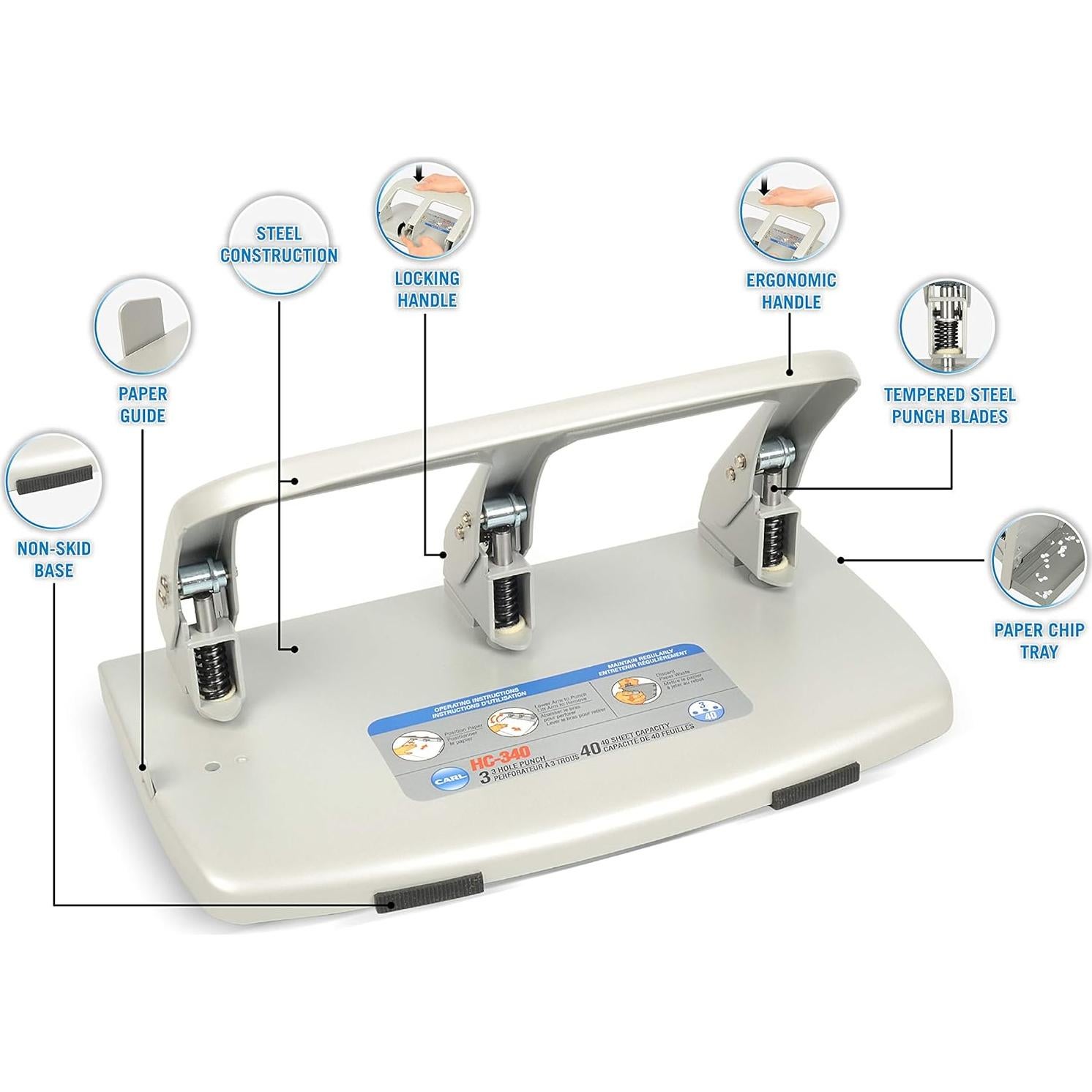 Perforadora de Papel Carl HC-340 3 Agujeros 40 Hojas Metálica