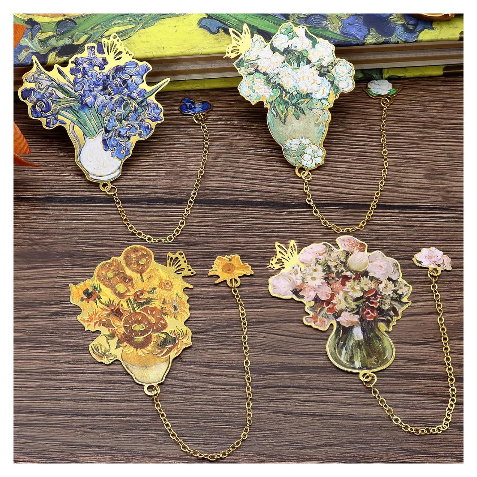 Marcadores de Metal con Cadena QUPIVA - 4 Pcs Diseño Floral Dorado