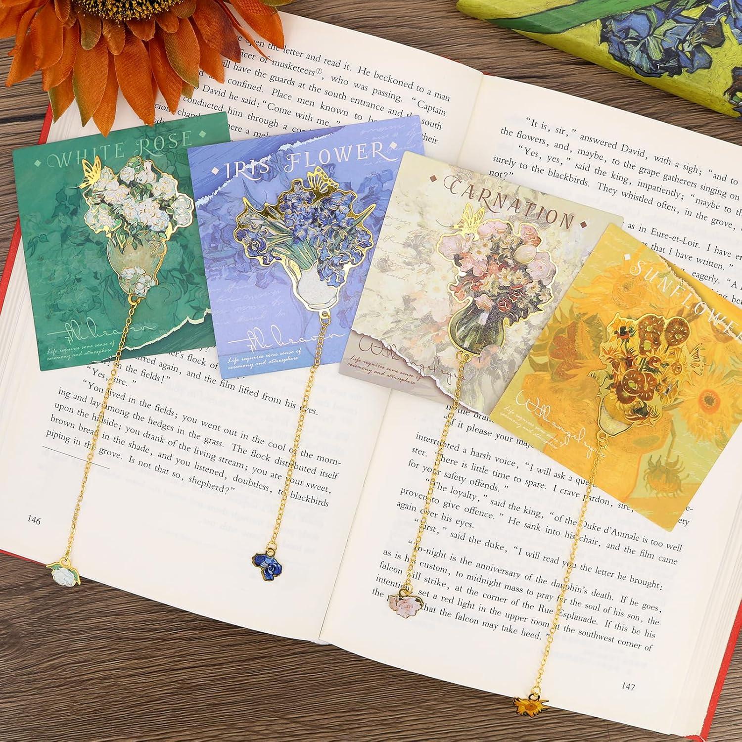 Marcadores de Metal con Cadena QUPIVA - 4 Pcs Diseño Floral Dorado