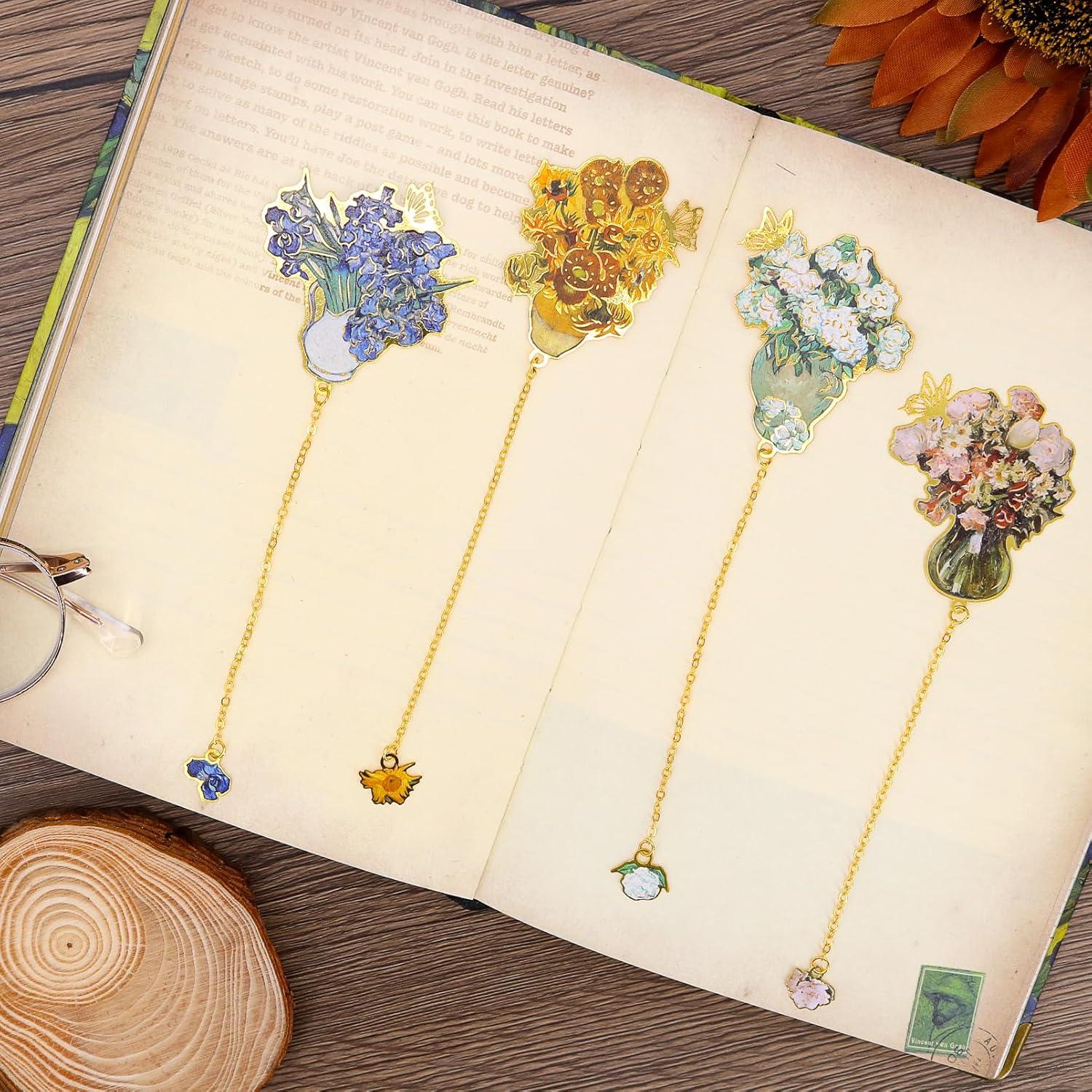 Marcadores de Metal con Cadena QUPIVA - 4 Pcs Diseño Floral Dorado