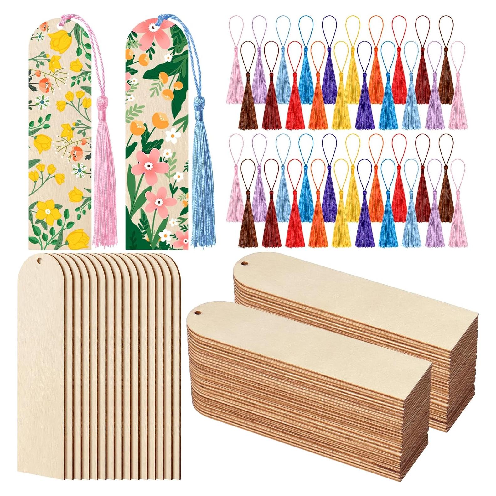 50 Marcadores de Madera Sin Terminar Ira Pollitt con Borlas Coloridas