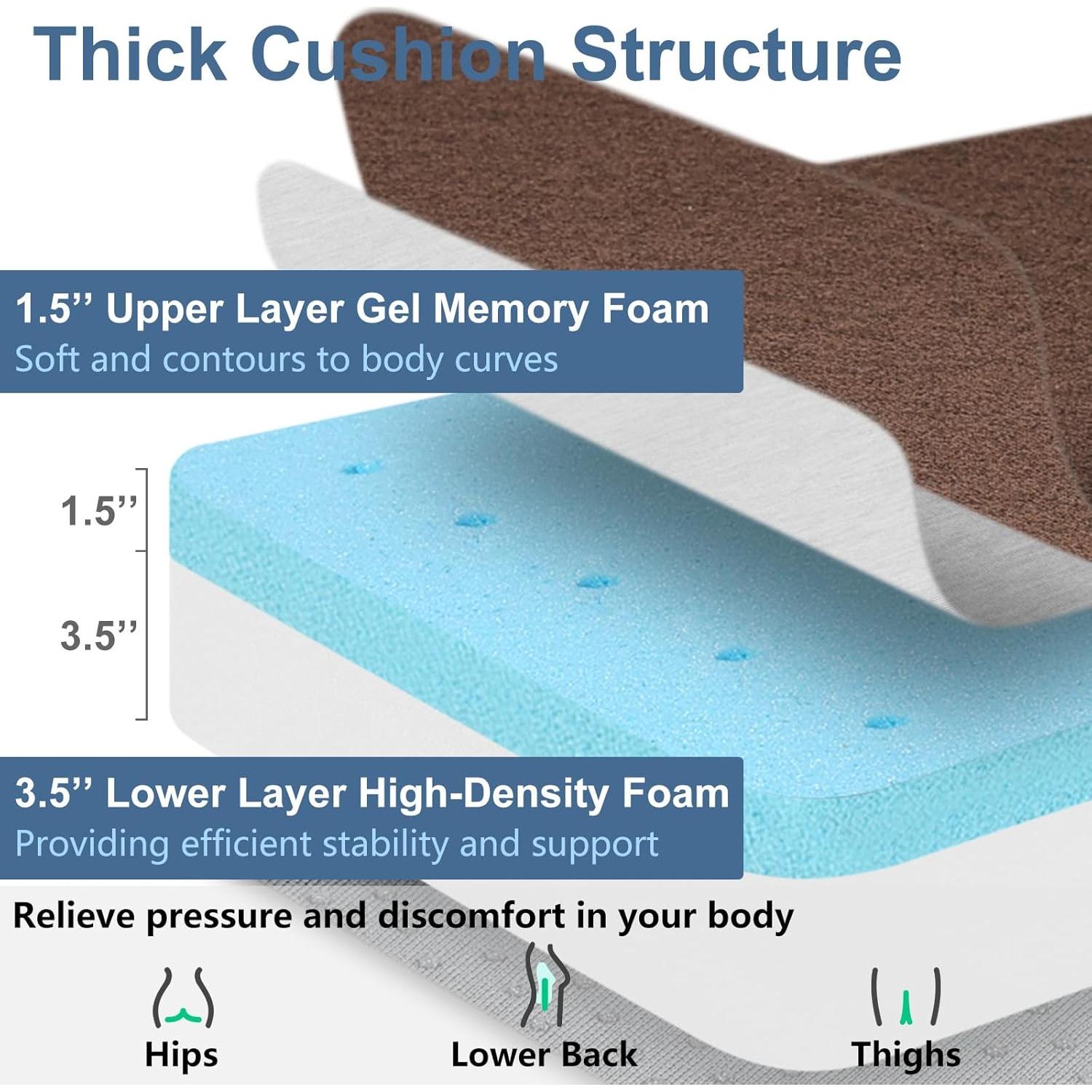 Shinnwa Gel Memory Foam Recliner Cushion for Elderly, Extra Large Seat Cushion, Dual-Layer Foam Chair Pad for Couch, Armchair, Wicker Chairs, Floor, 20 × 20 × 5in, Caramel