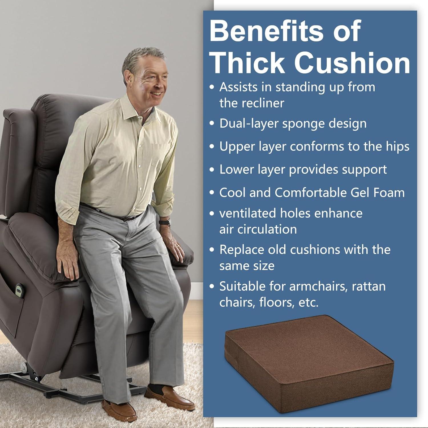 Shinnwa Gel Memory Foam Recliner Cushion for Elderly, Extra Large Seat Cushion, Dual-Layer Foam Chair Pad for Couch, Armchair, Wicker Chairs, Floor, 20 × 20 × 5in, Caramel