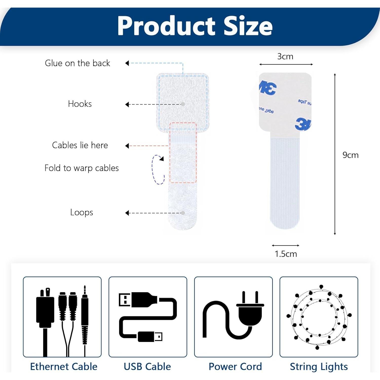 50 Corbatas de Cable Autoadhesivas Abnii Gancho y Bucle Blancas