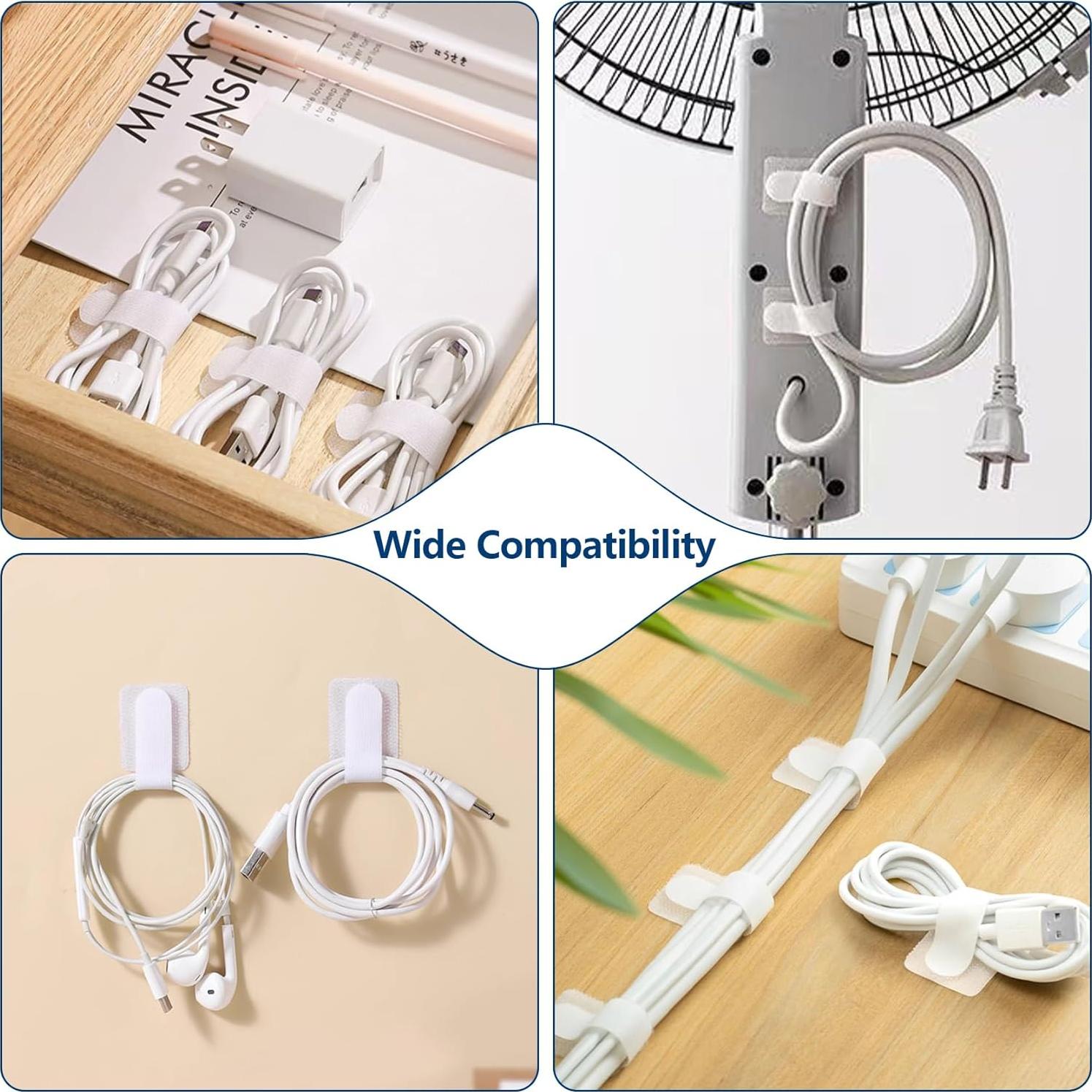 50 Corbatas de Cable Autoadhesivas Abnii Gancho y Bucle Blancas