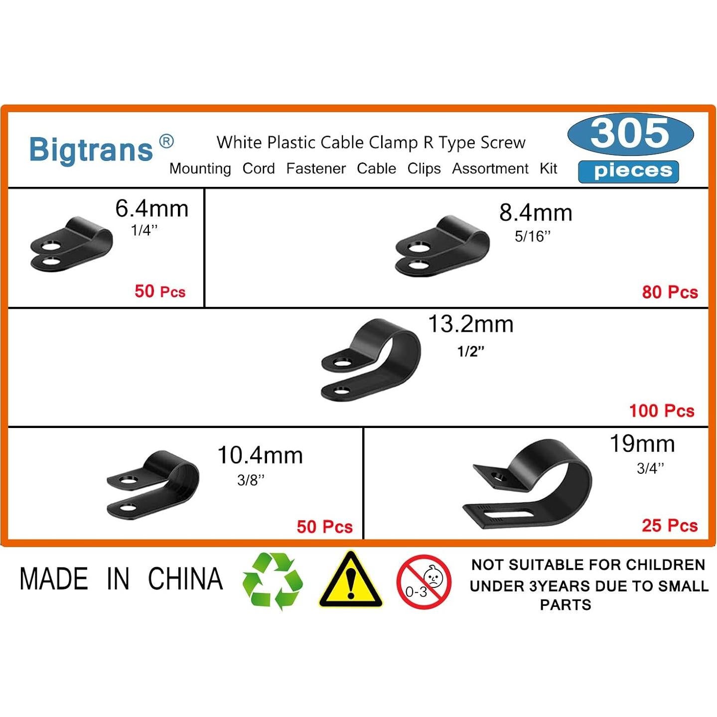 Bigtrans Clips de Alambre de Nylon Tipo R 305 Pcs - 5 Tamaños