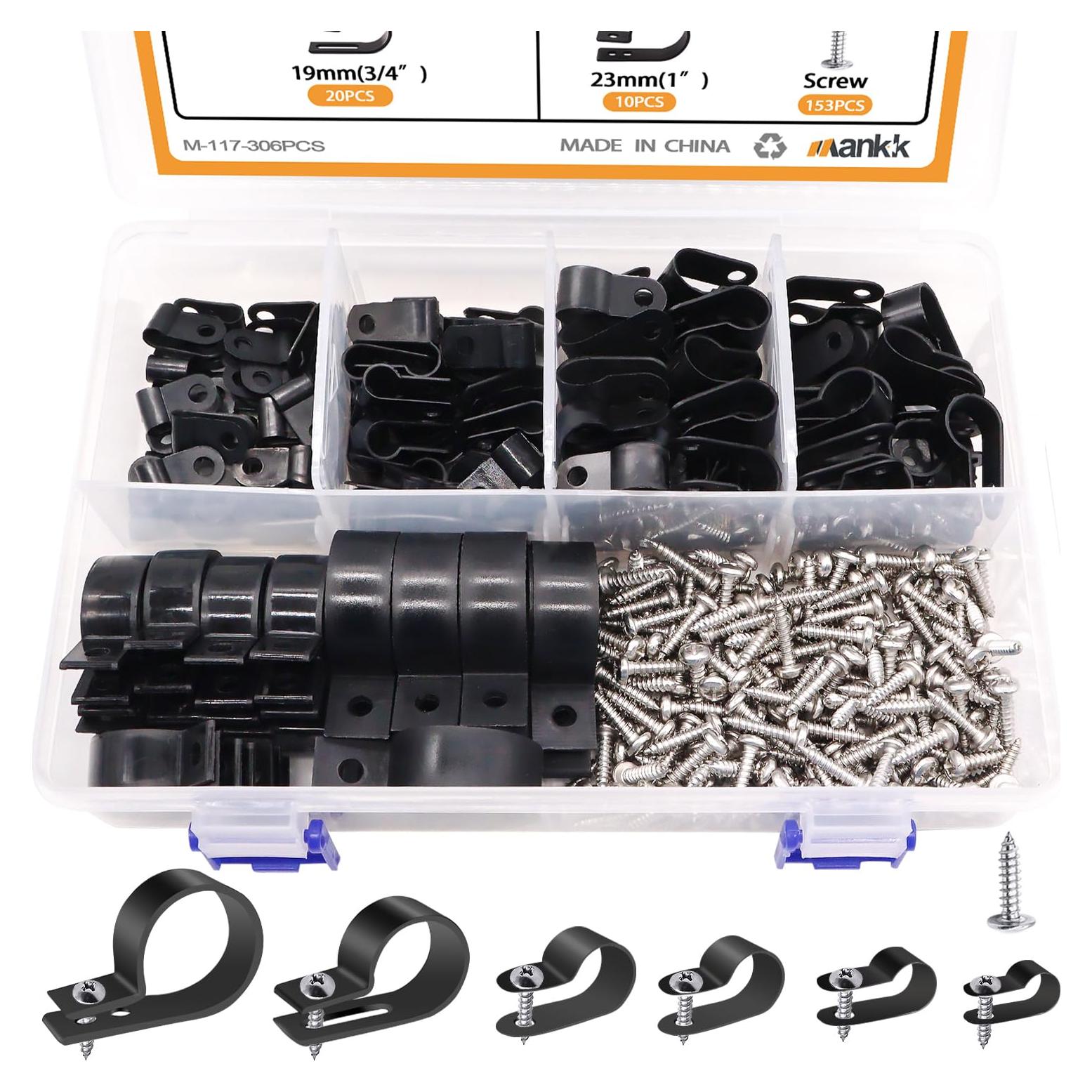 Kit de Clips de Cable Mankk 306 Pcs Nylon Tipo R 6 Tamaños