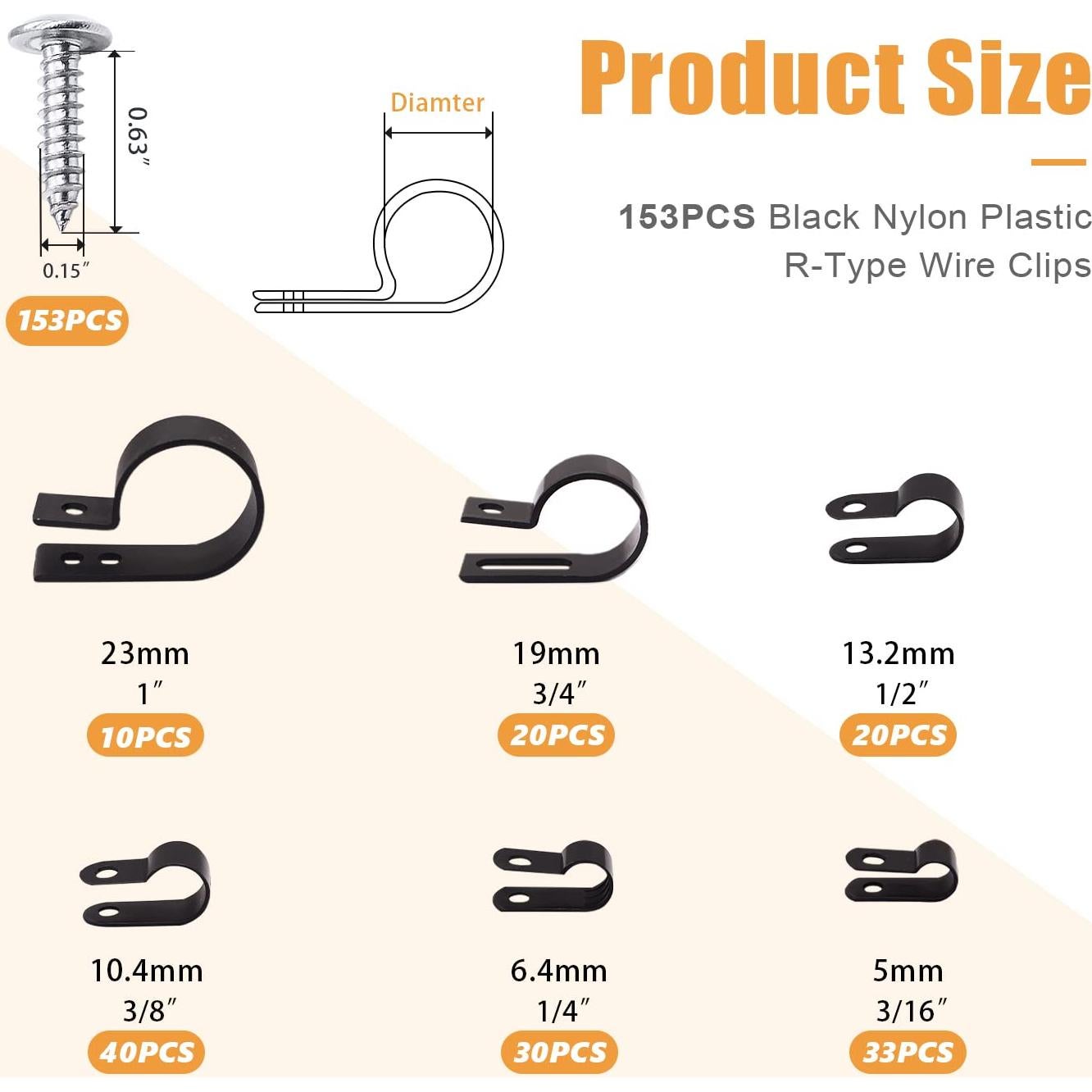 Kit de Clips de Cable Mankk 306 Pcs Nylon Tipo R 6 Tamaños