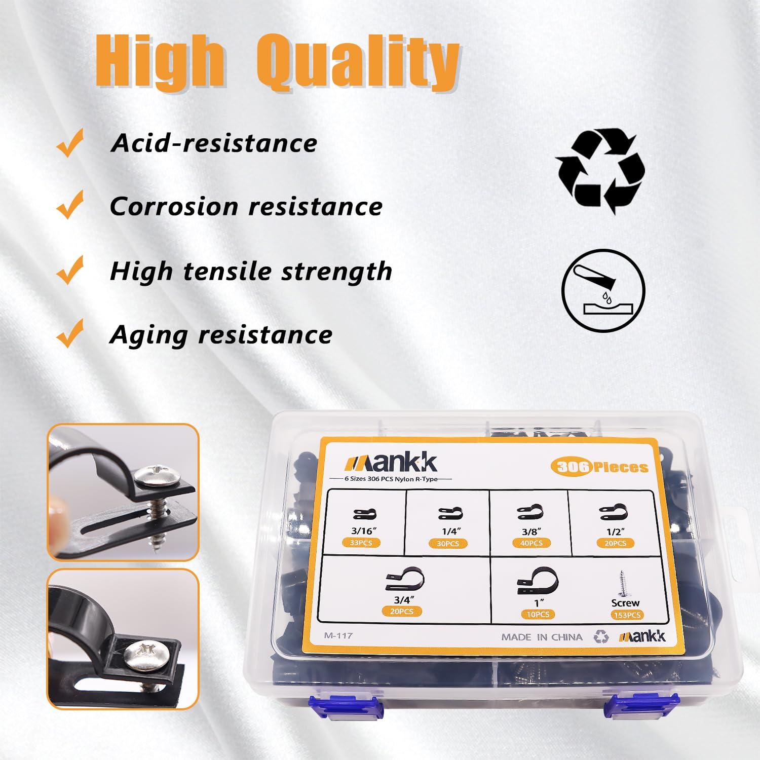 Kit de Clips de Cable Mankk 306 Pcs Nylon Tipo R 6 Tamaños