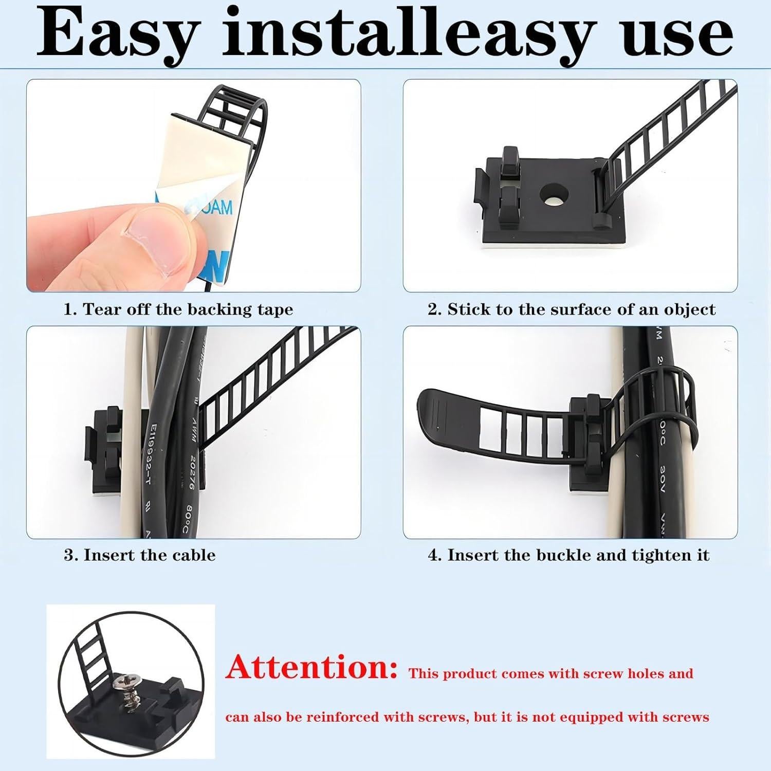 Clips de gestión de cables adhesivos SZFUDIGO 50 Pcs Negro