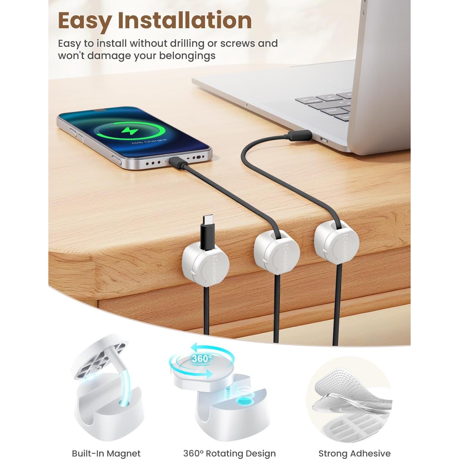 Organizador de Cables Magnético Kanemc 6 PCS Blanco 360°