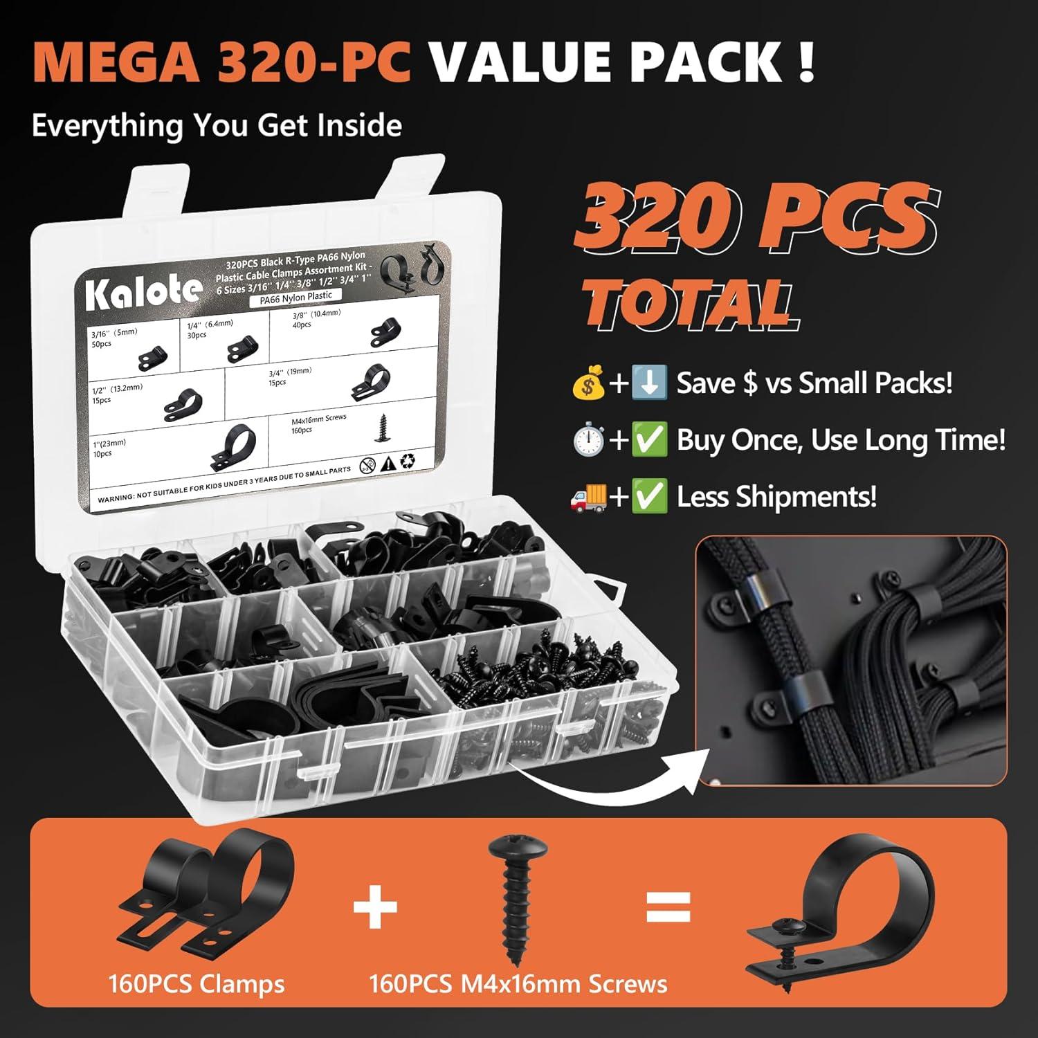 320 Clips de Cable R Negros Kalote - Nylon PA66 Resistente