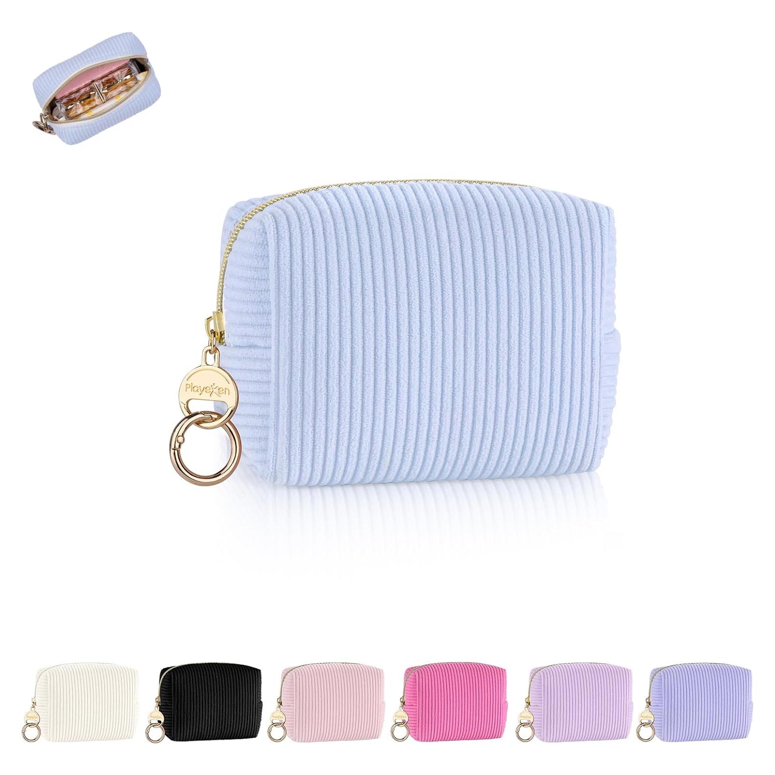 Corduroy Makeup Bag, Small Cosmetics Bag for Purse, Portable Travel Makeup Pouch with Ring Buckle & Inner Pockets for Women