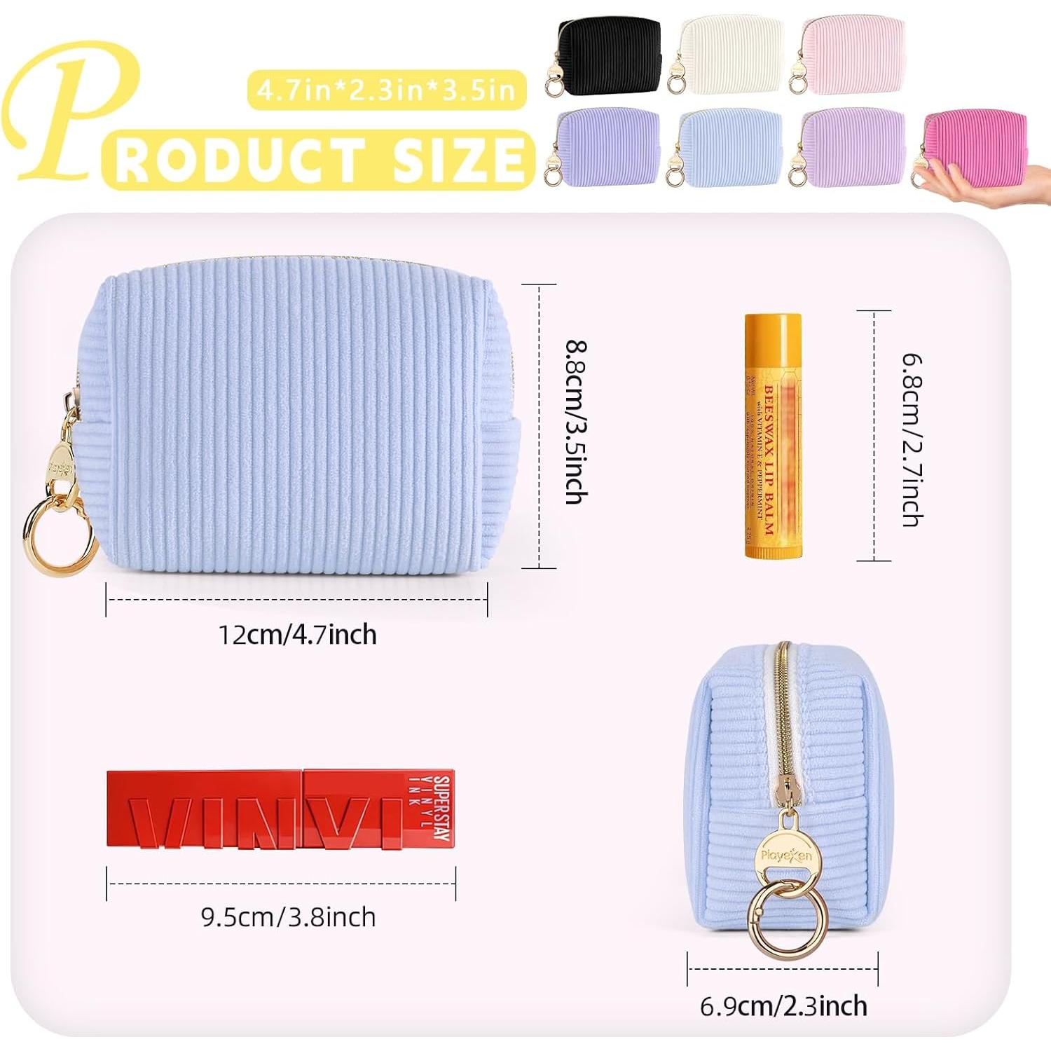 Corduroy Makeup Bag, Small Cosmetics Bag for Purse, Portable Travel Makeup Pouch with Ring Buckle & Inner Pockets for Women